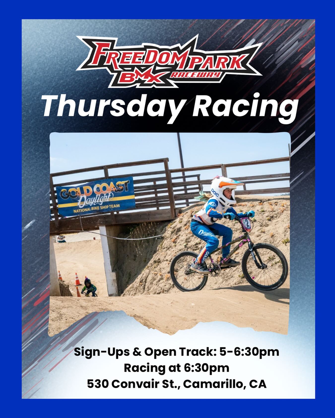 We are ready to roll for Thursday night racing at Freedom Park BMX 🏁
Sign-ups and open track: 5-6:30PM, racing begins at 6:30PM. $15 per racer. All riders welcome!
See you at the track!
#freedomparkbmx #usabmx #bmxracing #venturacounty #camarillo