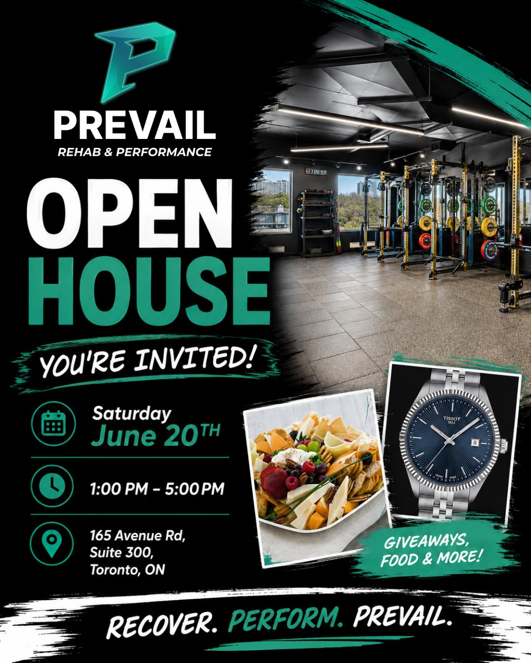 Join us on Saturday, June 20th from 1:00–5:00pm for our Open House!
Explore the space, meet the Prevail team, and learn more about how we’re helping active individuals recover, perform, and stay strong for the long run.
📍 165 Avenue Rd, Suite 300, Toronto
Whether you’re a patient, partner, friend, or neighbour, we hope you’ll stop by and say hello. We can’t wait to see you there!