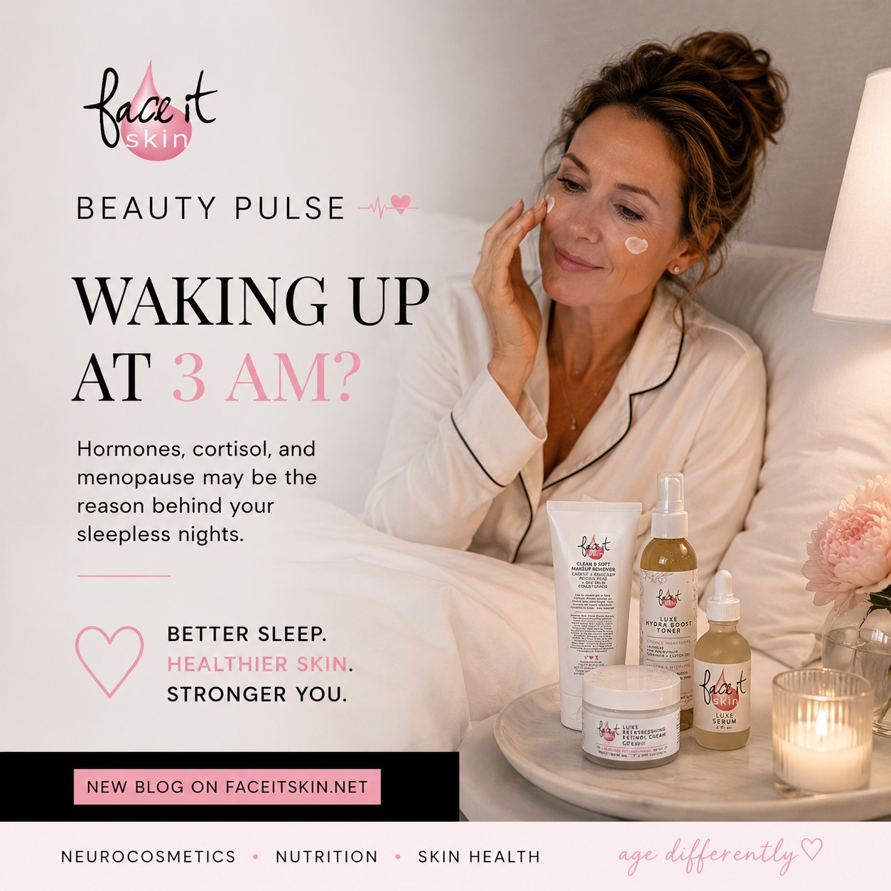 🎉NEW BLOG🎉
School's out, summer schedules are changing, and if you're a woman entering her 40's or in your 50's who keeps waking up at 3 AM, you're not alone.
Many women are surprised to learn that menopause, cortisol, temperature fluctuations, and hormonal changes can all contribute to those middle-of-the-night wake-ups.
As a Nutrition-Certified Esthetician, I see the effects of poor sleep every day in my practice, but it's—not just in energy levels, but in skin health, dark circles, puffiness, collagen loss, and overall well-being.
I just published a new Beauty Pulse Blog article exploring the science behind why women wake up at 3 AM and what it may be doing to your skin.
Have you noticed your sleep changing as you've gotten older?
Read the blog at FaceItSkin.net/blog Want to listen? Click here: https://open.spotify.com/episode/1d9Jy0BrQL0Crg3545SyDn
#FaceItSkin #Wellness #beauty #menopause #HealthyAging