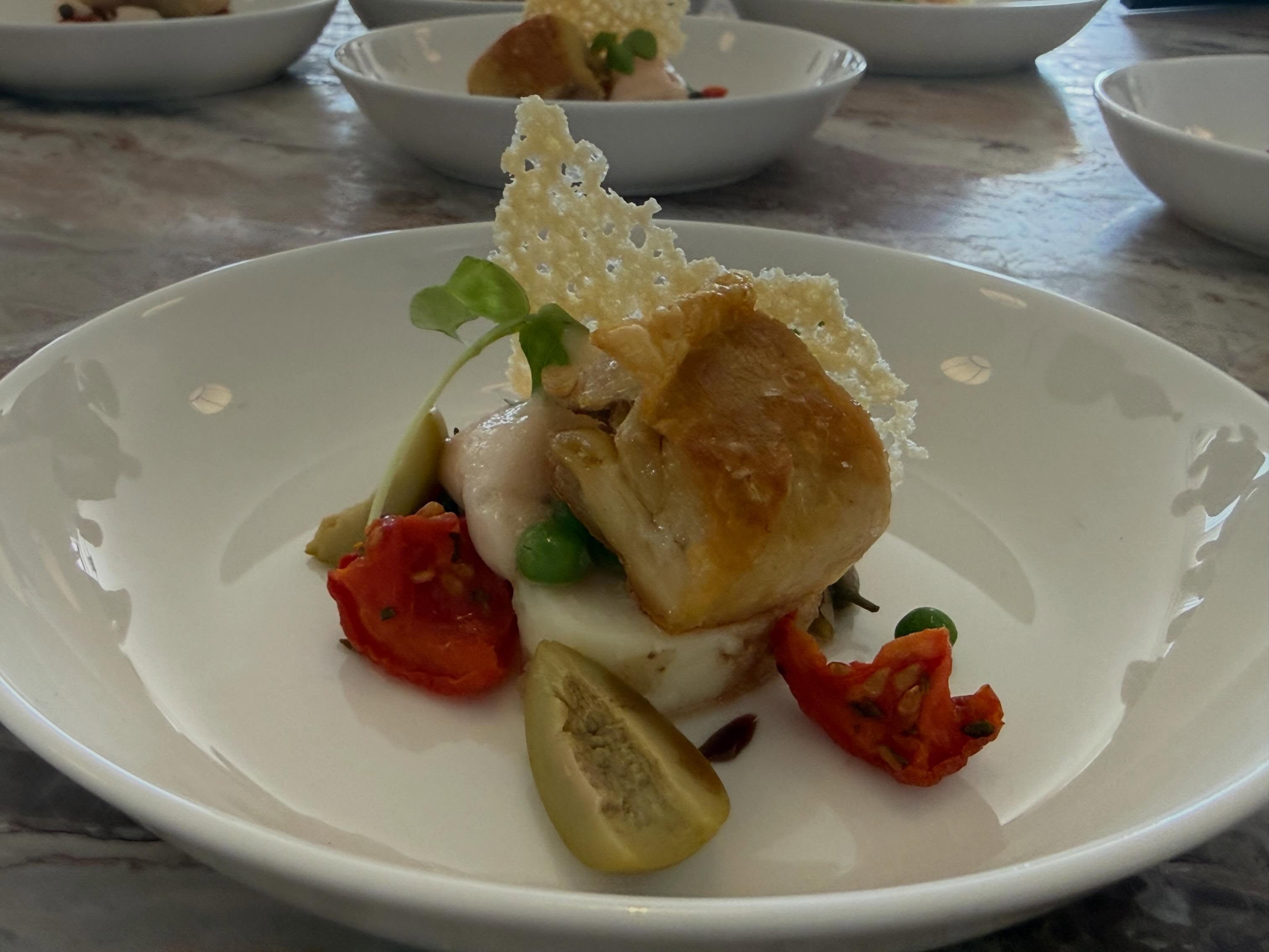 Great to have been asked by @bitesussex to cook bowl food today @sohobeachhousebrighton crisp chicken, Provençal salad, gazpacho e’spuma, Parmesan #bowlfood #summer #glutenfree #privatechef #caterer