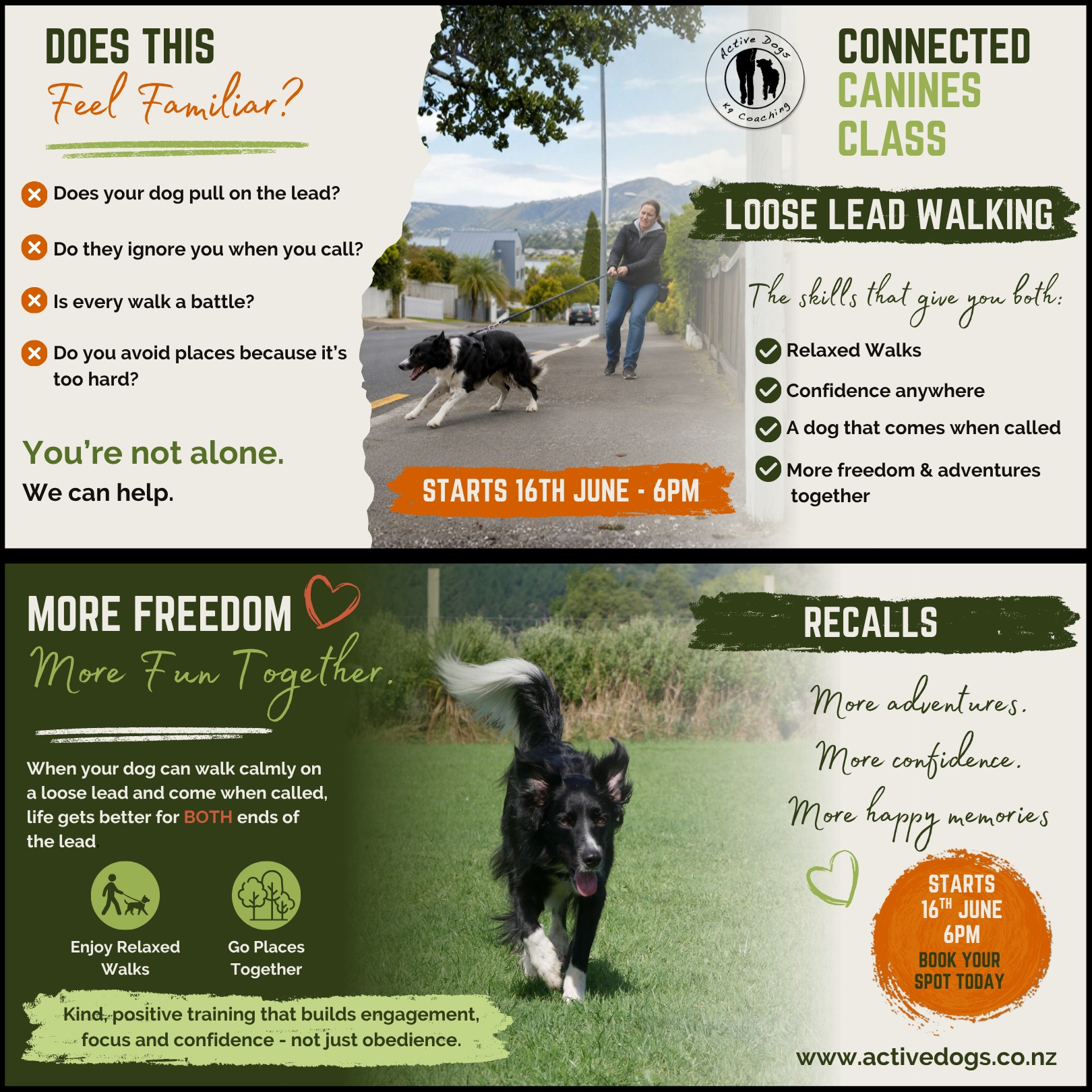 🐾 Does every walk feel like a battle?
Pulling, ignoring you, avoiding certain places just because it feels too hard — sound familiar?
Connected Canines is a four-week class covering the two skills that change everything:
🐕 Loose Lead Walking
🐕 Recalls
Kind, positive training that builds real connection - not just obedience.
📅 Starts Tuesday 16th June — 6PM
📍 Active Dogs NZ, Ohau
https://www.activedogs.co.nz/classbookings
Link in bio to book your spot 🐾
#ActiveDogsNZ #LooseLeadWalking #RecallTraining #DogTrainingNZ #PositiveDogTraining #HorowhenuaDogs #LevinDogs