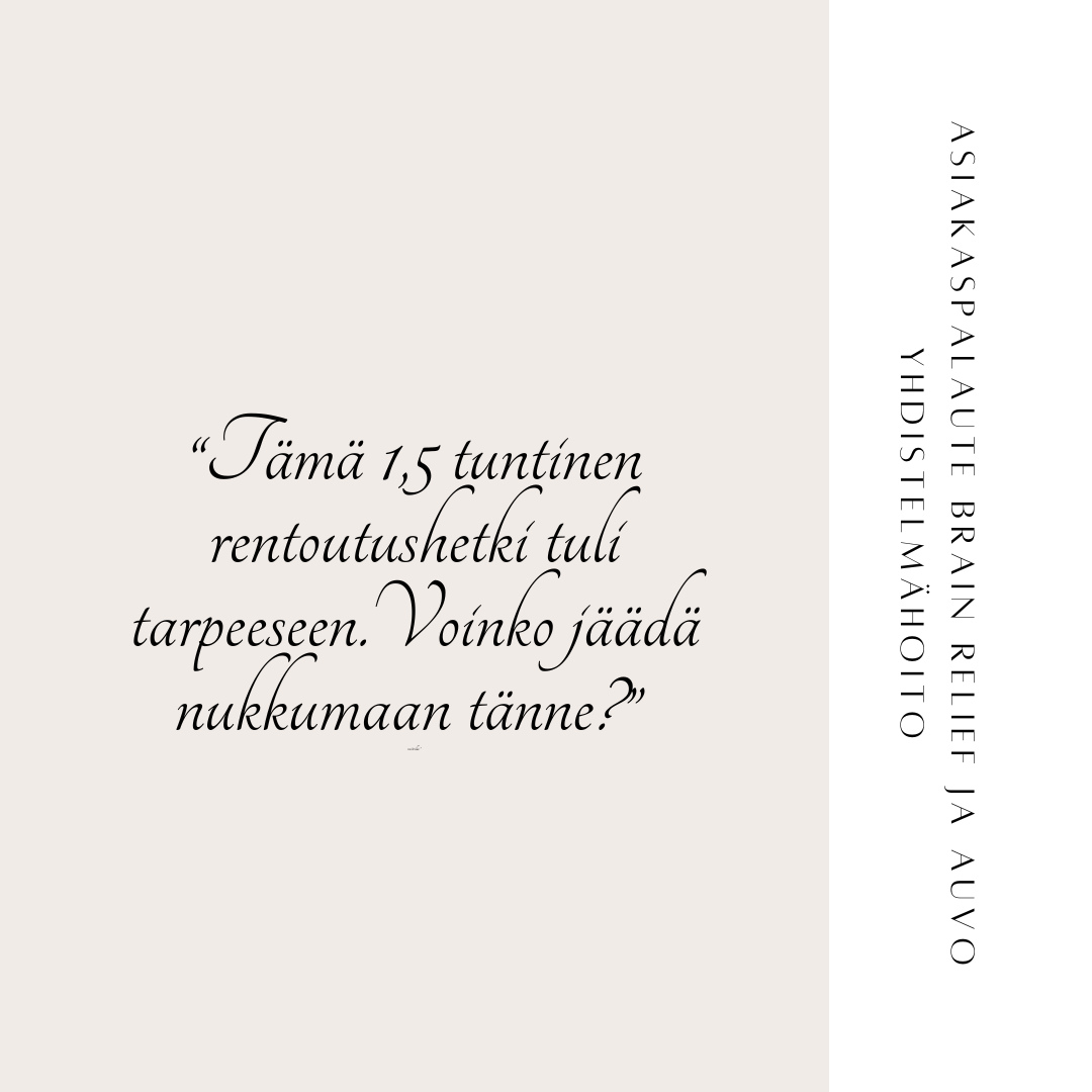 Yhdistelmähoidosta palautetta♥️
Auvo- ja Brain relief- hoidot yhdistetty palveluksi Rentoutumolla, jolloin saat lähes 1,5 tunnin mittaisen rentoutumishetken. Eipä ihmekkään, jos alkaa unettaa:)
#brainreliefjyväskylä #auvojyväskylä #yhdistelmähoito #rentoutumonpalvelut