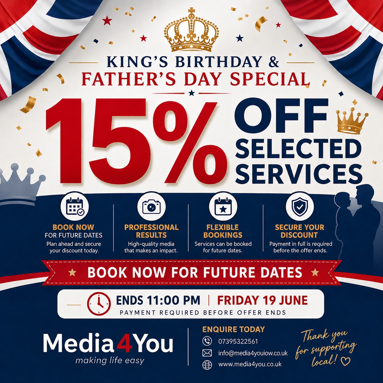 For the first time ever we've decided to host a special promotional discount for both the Kings Birthday and Fathers Day weekend!
This offer is eligible for all our available individual and packaged services. This offer is not included for any shop item.
The offer ends this Friday but as long as you book before then, this offer is eligible for all future work!
If you'd like to discuss further, please contact us!
#15OFF
#15off
#KingsBirthday
#Fathersday
