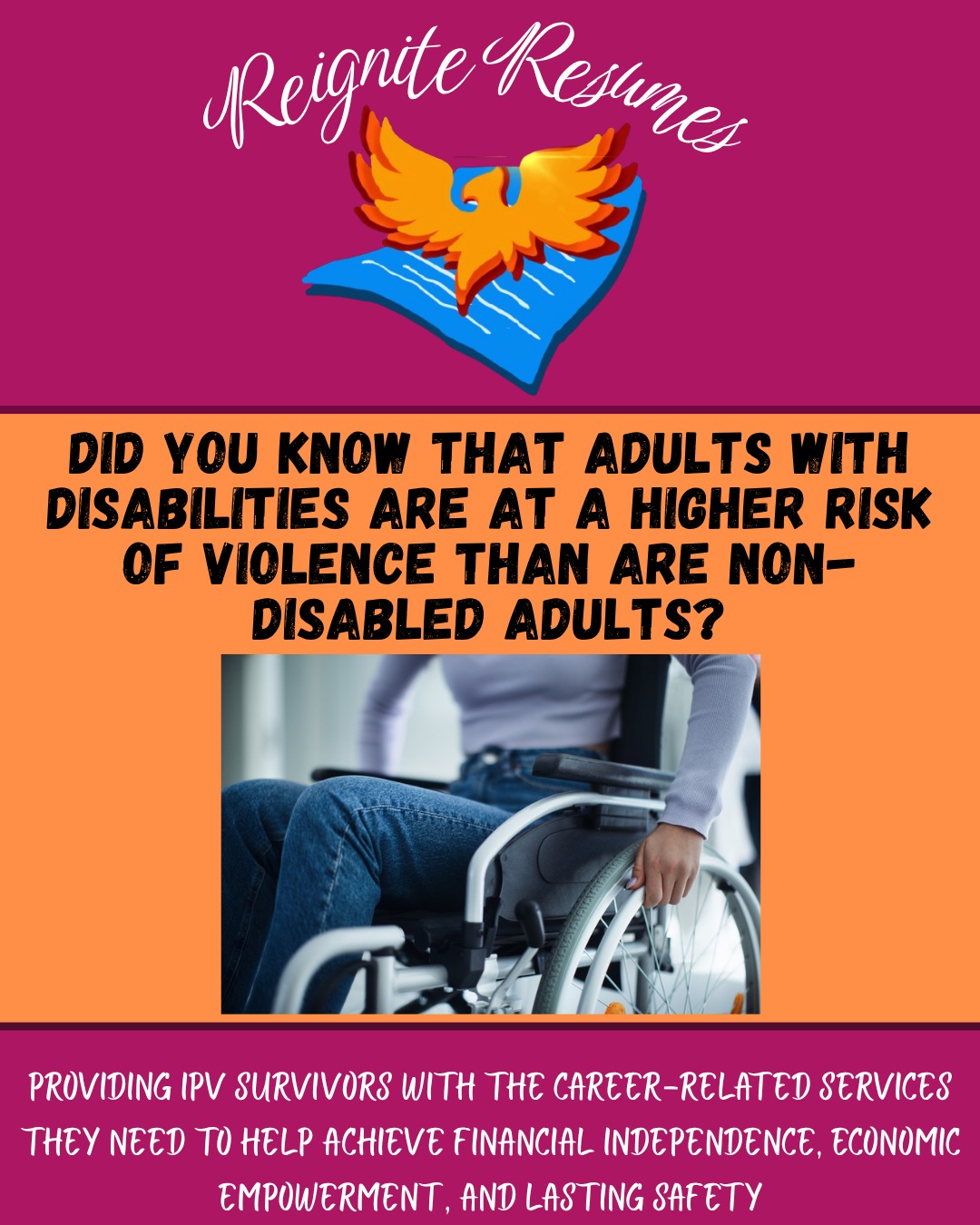 Did you know that people with disabilities are more likely to experience abuse than people without them?
Check out our post to learn more about the unique challenges facing people with disabilities in abusive relationships.
#reigniteresumes #npo #nonprofit #youthled #femaleled #resume #resumes #recruitment #domesticviolence #ipv #youthleaders #youthleadership #domesticviolenceawareness #disabilities
