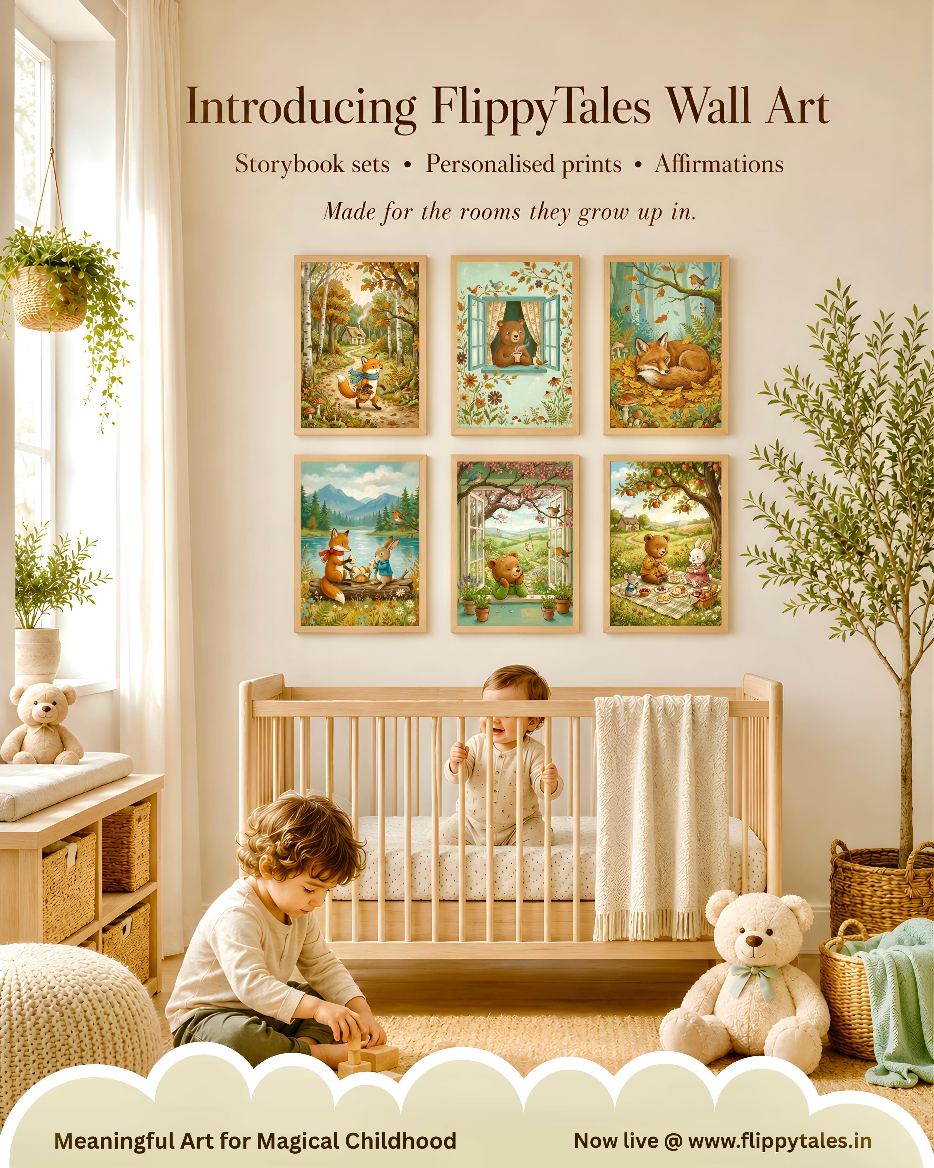 Some walls just hold paint. Ours hold stories. 🌿
Today, FlippyTales officially launches Wall Art for kids’ rooms — framed storybook sets, personalised prints, and gentle affirmations, designed in Bengaluru and shipped across India, ready to hang the same evening.
Every set is built on the belief we started this brand with: that children grow into the stories around them. The fox on the forest path. The bear watching the morning. Their own name on the wall, telling them they belong.
🖼️ Storybook Sets of 3 & 6 — framed, boxed, ready to hang
✨ Personalised prints with your child’s name
💛 Affirmation art for growing hearts
🚚 Free pan-India shipping over ₹1,499
Now live at flippytales.in — link in bio.
Made for the rooms they grow up in.
#kidswall #kidswalldecor #kidswallart #nurserywallart #kidsmindfulness