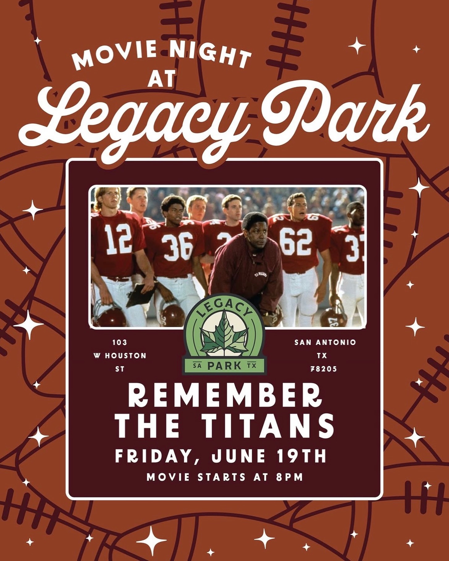 Join us this Friday night at @legacy.park for a free #outdoormovie featuring Remember the Titans. Starts at sunset.