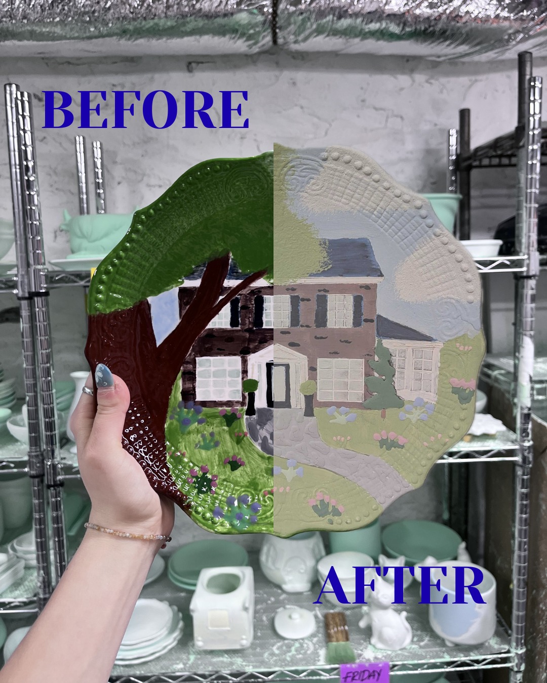 Before and After of this beautiful house plate!
#paintyourownpottery #ceramicpainting
#oldottawasouth