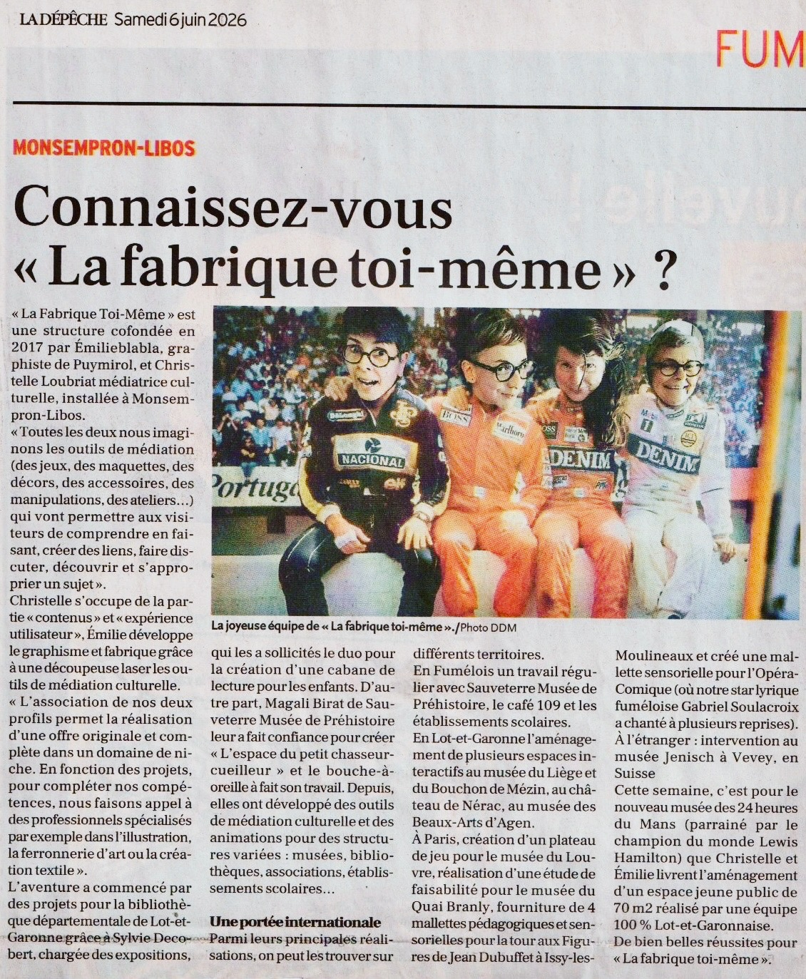 📢 On est dans le journal !
Un grand merci à Michel Rouquet pour son article dans La Dépêche du Midi !
Avec @emilieblabla_graphiste, @solennehuet , @christelleloubriat , @ingezorn Zorn et coucou à nos marraines les fées @sylviedecobert et @magb46 👋
#mediationculturelle #graphisme #design #ladepechedumidi #lotetgaronne #nouvelleaquitaine #musee #culture #Fumel #fumelvalleedulot #puymirol #laugnac #foulayronnes