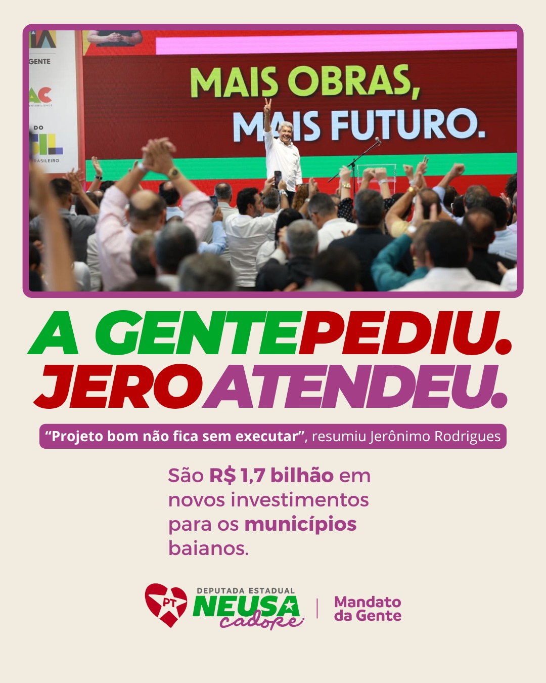 Nesta quinta-feira, 11 de junho, em Salvador, o governador Jerônimo Rodrigues mostrou mais uma vez que governa com planejamento, compromisso e olhar atento para os municípios da Bahia.
Com o anúncio de mais R$ 1,7 bilhão em investimentos, somando-se aos pacotes anteriores de R$ 1,3 bilhão e R$ 1,5 bilhão, a Bahia se aproxima de quase R$ 5 bilhões em ações integradas para melhorar a vida do povo.
E nessa caminhada, importantes conquistas chegam também por meio da luta e articulação do nosso mandato:
Baixa Grande recebe a autorização para a construção do Hospital Municipal, uma conquista histórica para fortalecer a saúde do povo.
Pintadas será contemplada com pavimentação em paralelepípedo e drenagem na sede e na comunidade do Raspador.
Jacobina recebe a autorização para a construção de uma UBS com raio-X, ampliando o acesso à saúde.
Morpará será beneficiada com pavimentação em paralelepípedo de ruas na sede e na Orla do Rio São Francisco.
Campo Alegre de Lourdes recebe investimentos para a reforma das escolas municipais de Tamboril, Pau de Birro, Baixãozinho e Lagoa do Anjico, além de pavimentação em Jequitaia.
Boninal será contemplada com uma escola de 9 salas do Pró-Infância, fortalecendo a educação das nossas crianças.
Capela do Alto Alegre recebe um conjunto importante de obras, com pavimentação em Capelinha e Baixa do Cedro, asfalto no Loteamento 1 da sede, obras em Ipiraí, UBS e acesso pavimentado em Ipiraí.
Pé de Serra com a duplicação da ponte no Rio Sacraiu.
Jerônimo foi preciso ao afirmar: “Projeto bom não fica sem executar.” É assim que se faz gestão séria: com projeto qualificado, parceria com prefeitos, atuação dos deputados e um governo que trabalha para tirar as obras do papel.
A gente pediu. Jero atendeu.
O mandato trabalha, o Governo realiza, e o povo ganha.
Fotos: Pedro Ivo Sena e Kamila Matos