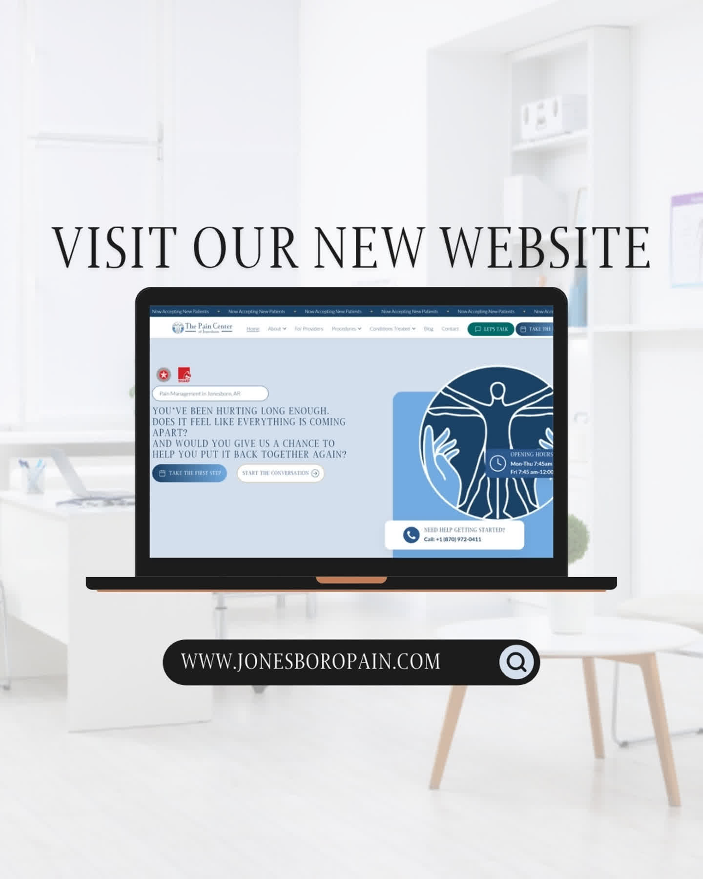 We built something for you!!
Our new website is live, and everything you have been looking for is finally in one place: the conditions we treat, the procedures we offer, answers to the questions we hear most, and a simple way to get started.
If you have been thinking about coming in, or you know someone who has been managing pain on their own for too long, this is a good place to begin.
Take a look around and tell us what you think!
📞 (870) 972-0411
#ThePainCenter #JonesboroAR #PainManagement #ChronicPain #NewWebsite