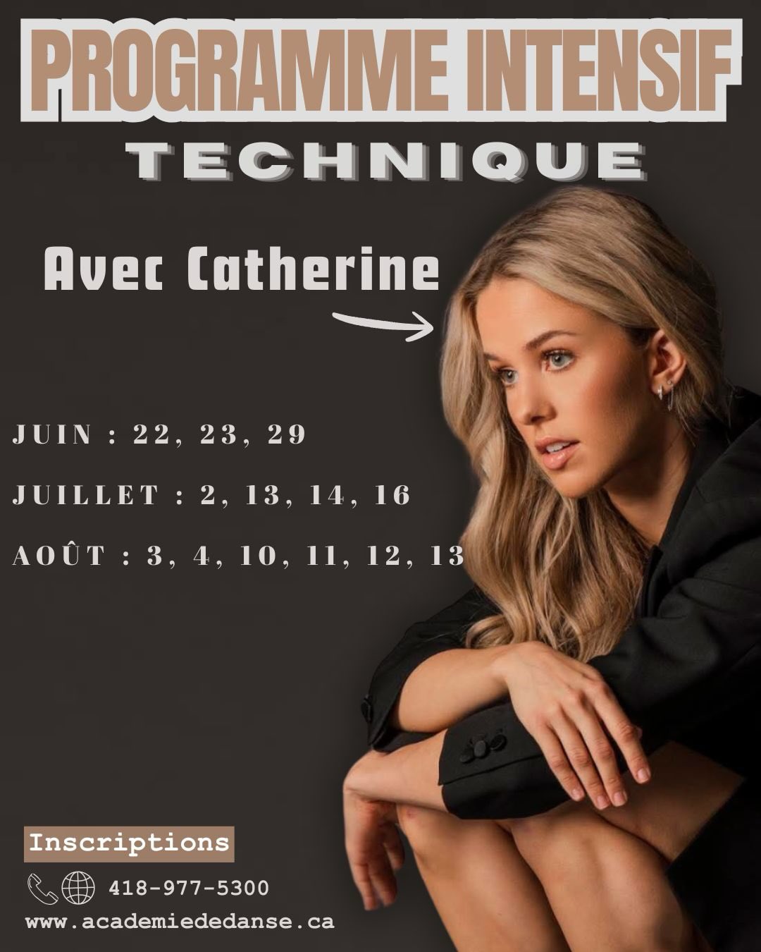 Notre Programme intensif technique est de retour cet été pour offrir aux danseurs et danseuses du volet compétitif l’occasion de poursuivre leur développement dans un environnement stimulant et motivant.
Cet été, investis dans ta passion, consolide tes acquis et développe les outils qui te permettront de commencer la prochaine saison plus fort que jamais.
📅 Ouvert à tous les danseurs du volet compétitif.
📲 Les places sont limitées, inscrivez-vous dès maintenant!