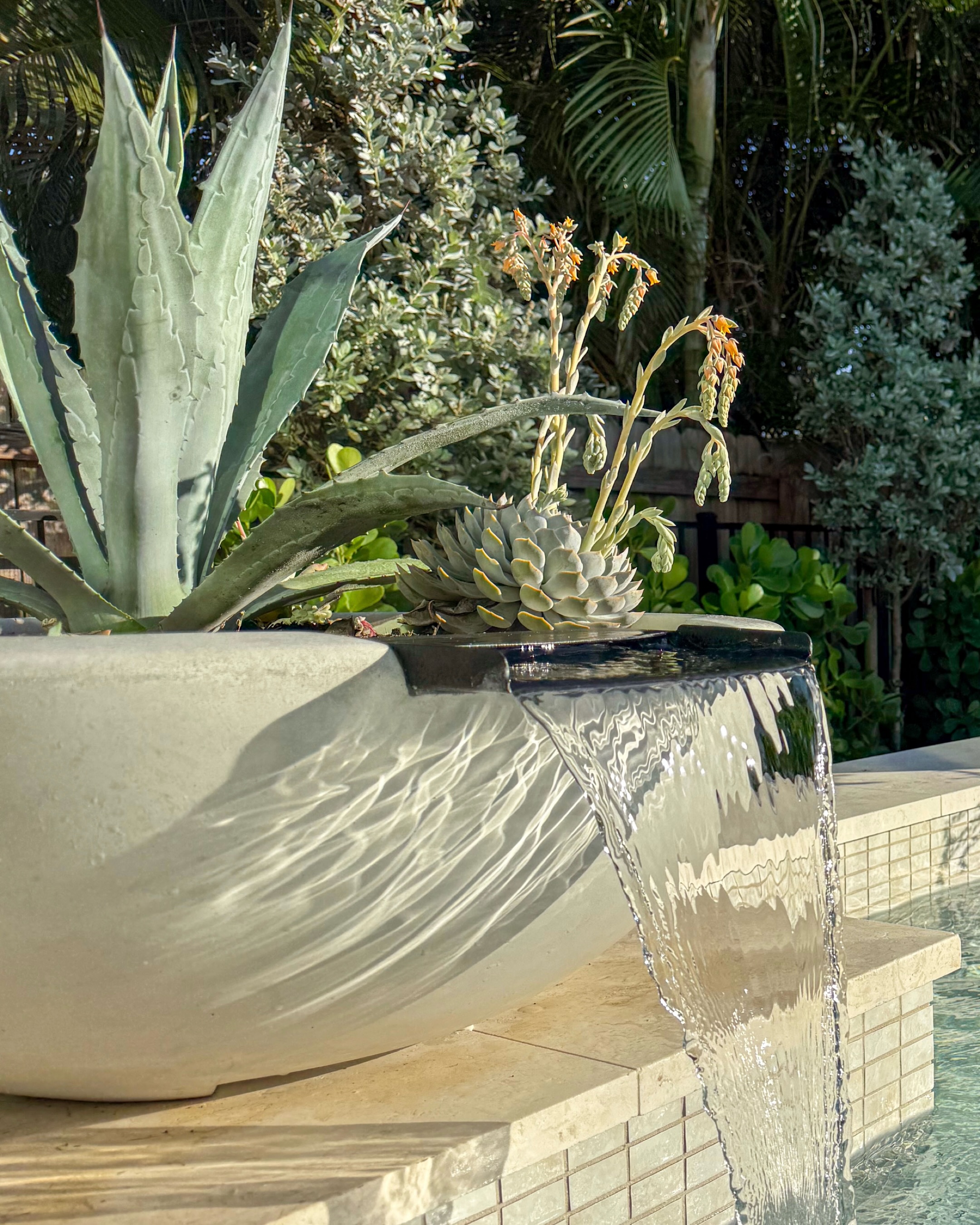 Sunlight, water, and sculptural planting working in perfect harmony. ✨
Layered spillway planters bring movement, texture, and sound to this tropical retreat, transforming a simple pool edge into a living focal point. The soft cascade of water, paired with striking succulents and agaves, creates a resort-inspired experience that feels both serene and sophisticated.
Designed for beauty in every detail. 💧🌿
#LuxuryLandscapeDesign #PoolDesign #OutdoorLiving #LandscapeArchitecture #MooringsNaples