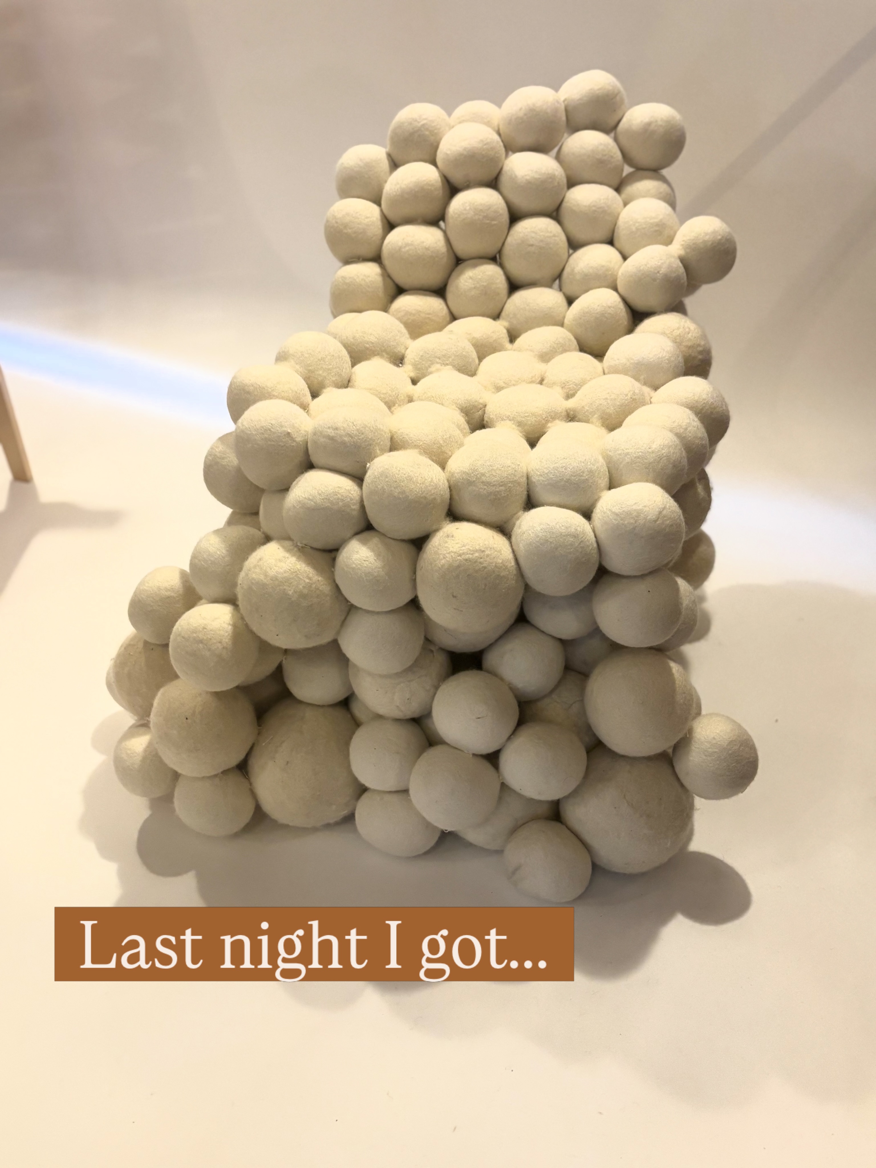 Back in October I taught for 3 days at UAL Chelsea College of Arts all about natural fibres and last night I got to see the graduate show of the amazing students on the Furniture Product Design course. Blown away. (1) a wool chair by @sofia.hollier (2) an oak chair with PLA and cork fixings, glueless, genius @matteo_voisin (3) a light show that originated in a mycelium acoustic panel and morphed into a celebration of sound with the light triggered by the dancing by Bjarki @bricknmarble (4) a chair made of coir and wool and oil cloth that bends and holds to give you a hug by Xingtong Chen @cxt_design - then I went free range and wondered into fine art to see the turmeric work of Ginger Rose Carrick and the sheer joy and happiness of @jacklubel. Thank you @lizciokajlo a wonderful opportunity and class of @whatispfd go conquer!!!