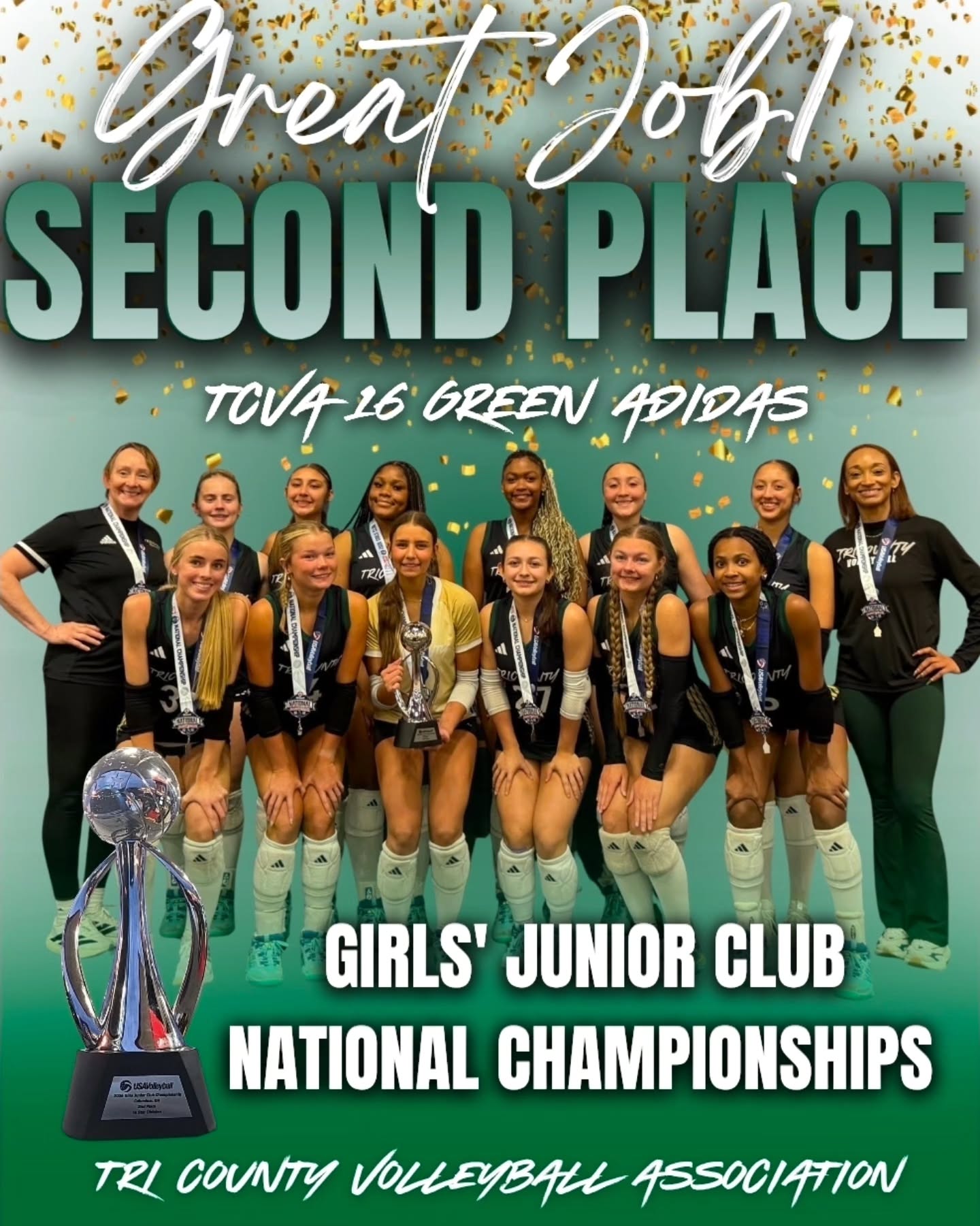✨️2026 Girls Junior Club National Championships✨️
16 Green made history in Columbus, Ohio at the inaugural 2026 USA Volleyball Girls Junior Club Championships. 🏐💚
Out of 81 teams from across the country, these athletes battled their way to a 2nd place finish and earned a spot on the podium after an unforgettable championship run.🏆
They competed on the Championship Court in an intense commentated 3-set final against a talented team from Nebraska, falling just short in Set 3 with a 18-20 finish. The fight, resilience, composure, and heart this team showed all weekend was nothing short of incredible.💚🫶🏽
We are beyond proud of these young ladies and the way they represented themselves, their families, our club, our region, and the state of Texas. Being the ONLY Texas team to reach the Gold Bracket is a massive accomplishment and a testament to the work this group has put in all season long. 🇨🇱💪🏽
History made. Memories created. A season this team will never forget. 💚🥈Congratulations @tcva16green @coachjasmine_tcva and @coachfaison_tcva !!! 🎉
#TriCountyVolleyball #16Green #USAVGJCC #PodiumFinish #TexasVolleyball