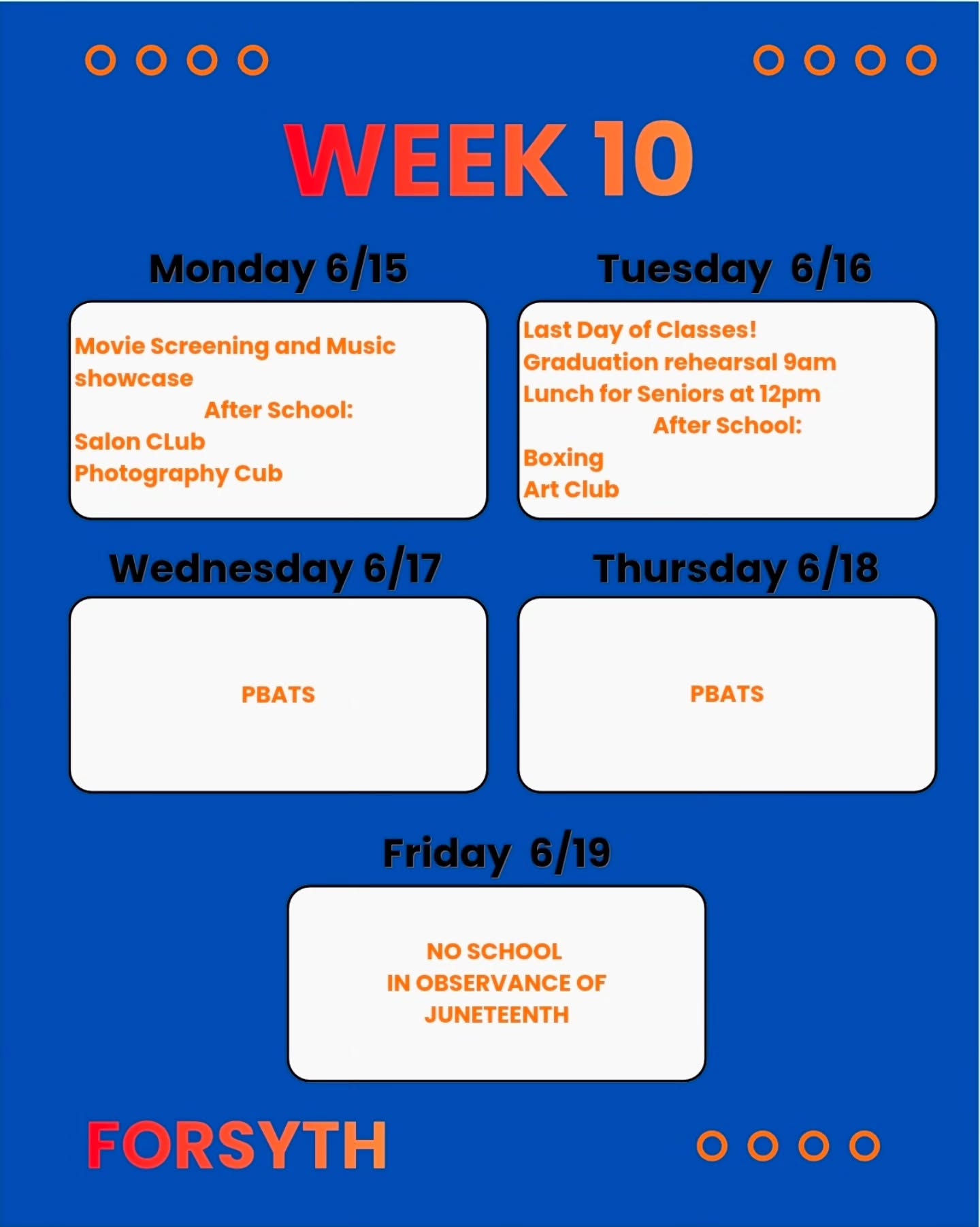 It's week 10! We made it Forsyth! On Monday, we will be having a school wide Movie Screening and Music Showcase. The last day of classes is this Tuesday, and there will be a graduation rehearsal and lunch for the Class of 2026! PBATS will be presented on Wednesday and Thursday, so look out for the schedule coming soon. There is no school on Friday in observance of Juneteenth.
#wemadeit #pbats #lastdayofschool #orangeandblue