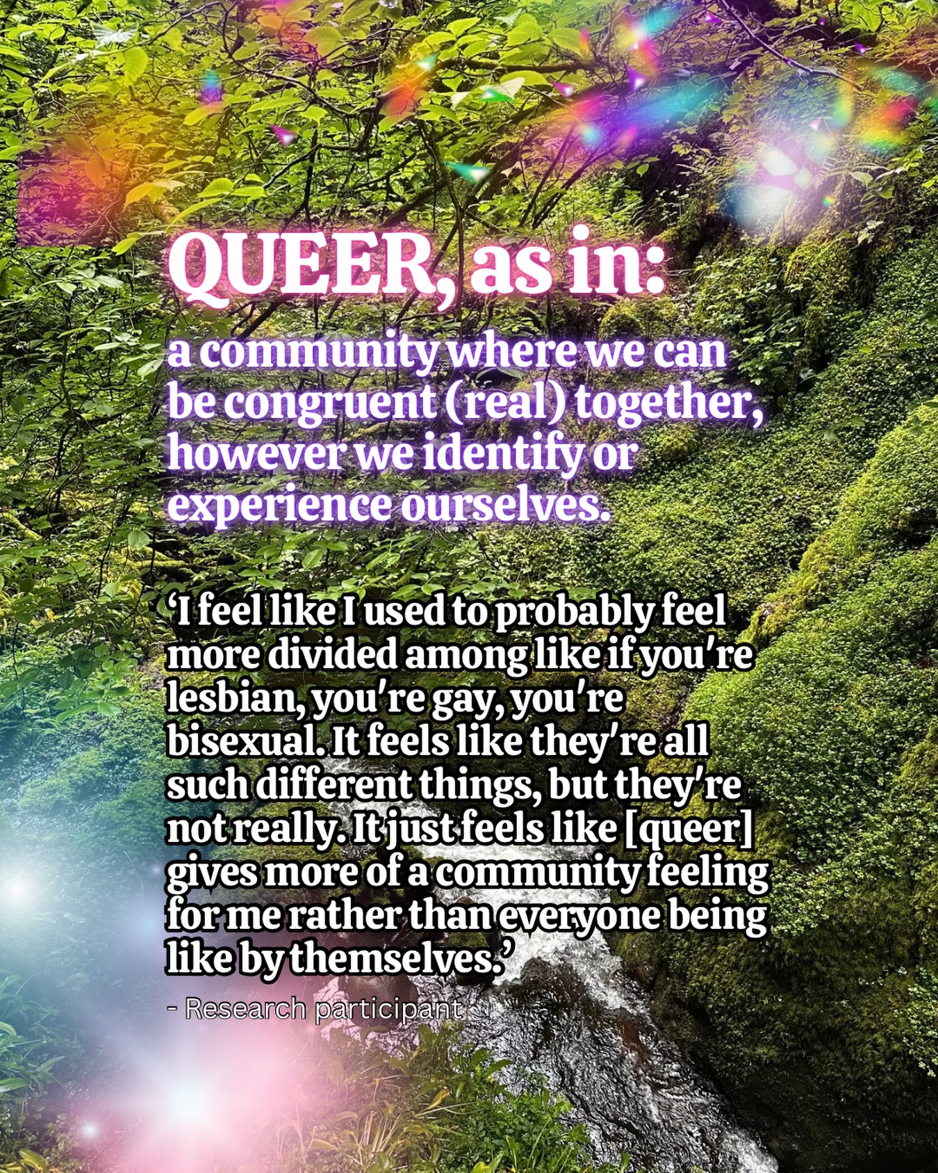 Given it’s Pride month, I wanted to share some thoughts on queerness. But they’re not my thoughts! They’re the thoughts of the lovely folx who gave their time to my research exploring the person-centred counselling experiences of queer folx in Scotland.
This quote is an extract from my research, centring on queerness as community in which we can be however we are, but together.
In other words, not just a term that gives a sense of community, but a community of folx who can identify in all the gorgeous multiplicitous ways any human experiences themselves. It’s expansive, inclusive and in opposition to expectation all at once.
In our queerness, we can be proud 🏳️⚧️ 🏳️🌈
#pride #therapy #queer