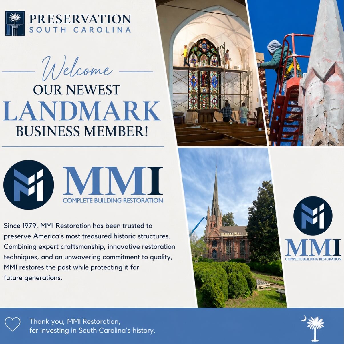 Welcome Our Newest Business Member!
Preservation South Carolina is proud to welcome Midwest Maintenance, Inc. (MMI Restoration) as our newest Business Member!
Since 1979, MMI Restoration has been trusted to preserve some of America’s most treasured historic structures. Combining expert craftsmanship, innovative restoration techniques, and an unwavering commitment to quality, MMI restores the past while protecting it for future generations.
MMI has made a significant impact on historic preservation throughout South Carolina. Their restoration portfolio includes work at Trinity Church in Abbeville, Historic Brattonsville, the Union County Courthouse, and most recently, Preservation South Carolina has partnered with MMI on the restoration of the historic Pottersville House in Edgefield.
Supporting historic preservation is more than a charitable contribution—it is an investment in our communities, our shared heritage, and the future of South Carolina’s historic places. We are grateful for MMI’s commitment to preserving the buildings and landmarks that tell our state’s story.
To learn more about MMI Restoration and other preservation-minded businesses, visit the Business Members Directory on the Preservation South Carolina website.