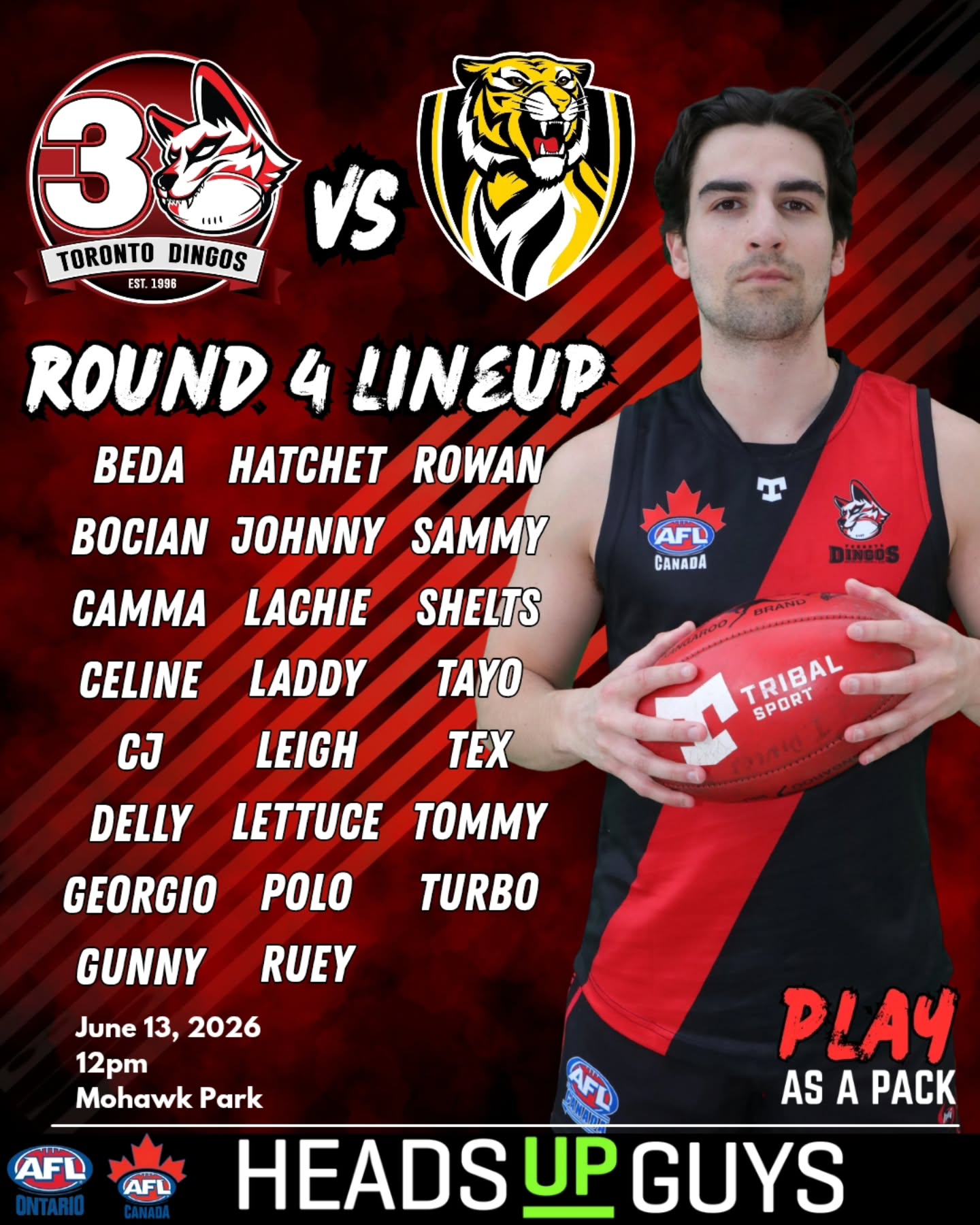Bringing Dingos footy to the Hammer!
Introducing our Pack to take on @wildcatsafc!
Head on down the QEW and show your support!
The Dingos Round 4 lineup is presented by @headsupguys! Be sure to head over to their page and check out their Step Up For Him campaign happening throughout June!
#AsAPack