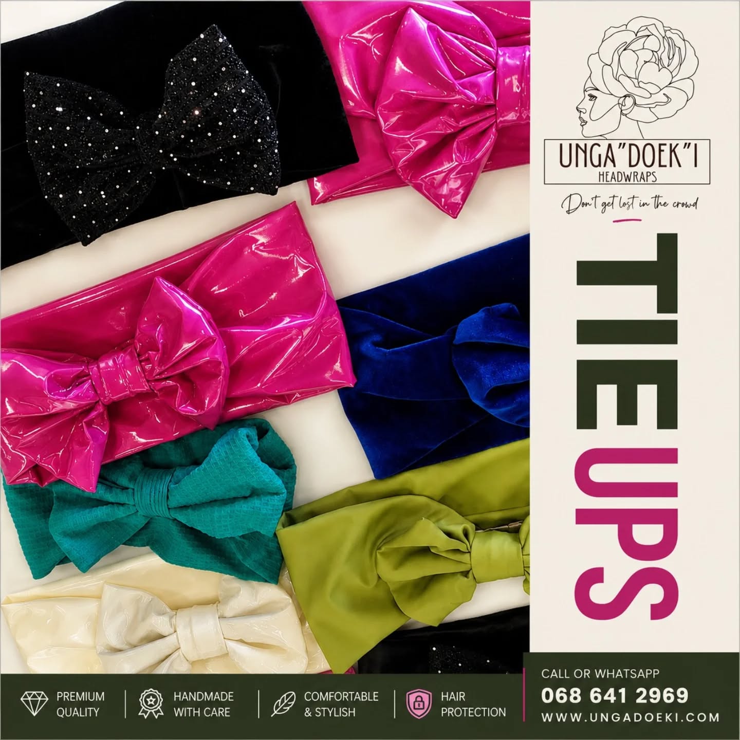 Available with a bow or without a bow.
Choose your texture from R130.
Unga'doek'i TieUps