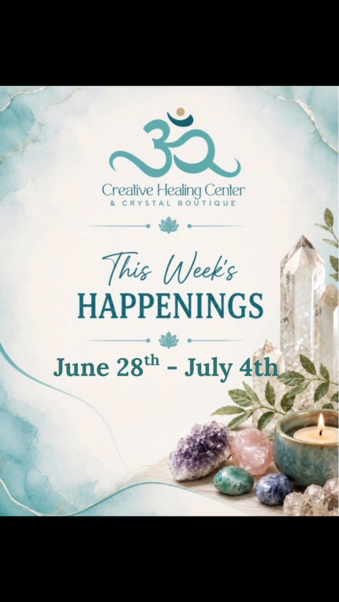 This Week at CHC
June 28 – July 4
Take a moment for yourself and join us for a week of healing, connection, and self-care.
🌿 Monday – Energy-Infused Meditation with Michele C
🌙 Tuesday – Temple of Sacred Shadows Ceremony with Angela
🧘 Wednesday – Guided Meditation
One-on-One Appointments
This week’s practitioners:
✨ Michele C. Wednesday & Thursday
✨ Anika – Wednesday
✨ Corrina – Friday & Saturday
✨Stacy Friday
✨Angela Tuesday & Saturday
Whether you’re looking for stillness, guidance, or deeper healing, we’re here to support you.
We can’t wait to see you at the center.
#creativehealingcenter #meditation #livermoredowntown #spirituality