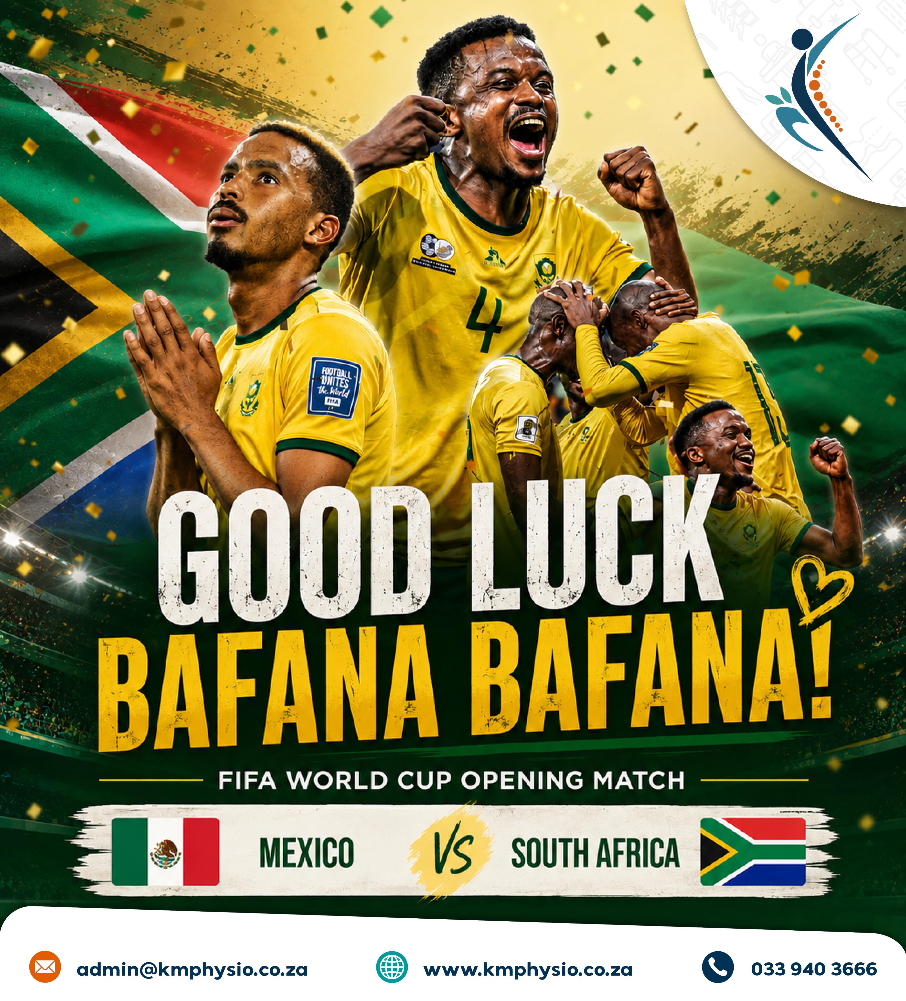 GOOD LUCK BAFANA BAFANA! โฝ๐ฟ๐ฆ๐๐ช๐ฅณ
Wishing our boys strength, determination and success as they take to the field against Mexico in the FIFA World Cup 2026 opening match! ๐ฟ๐ฆ๐โฝ๏ธ
From everyone at Kae-Motion Physio, weโre cheering you on every step of the way. ๐๐
One Nation.
One Team.
One Dream.
.
.
.
#kaemotionphysiotherapy #bafanabafana #fifaworldcup #southafrica #mexvsrsa