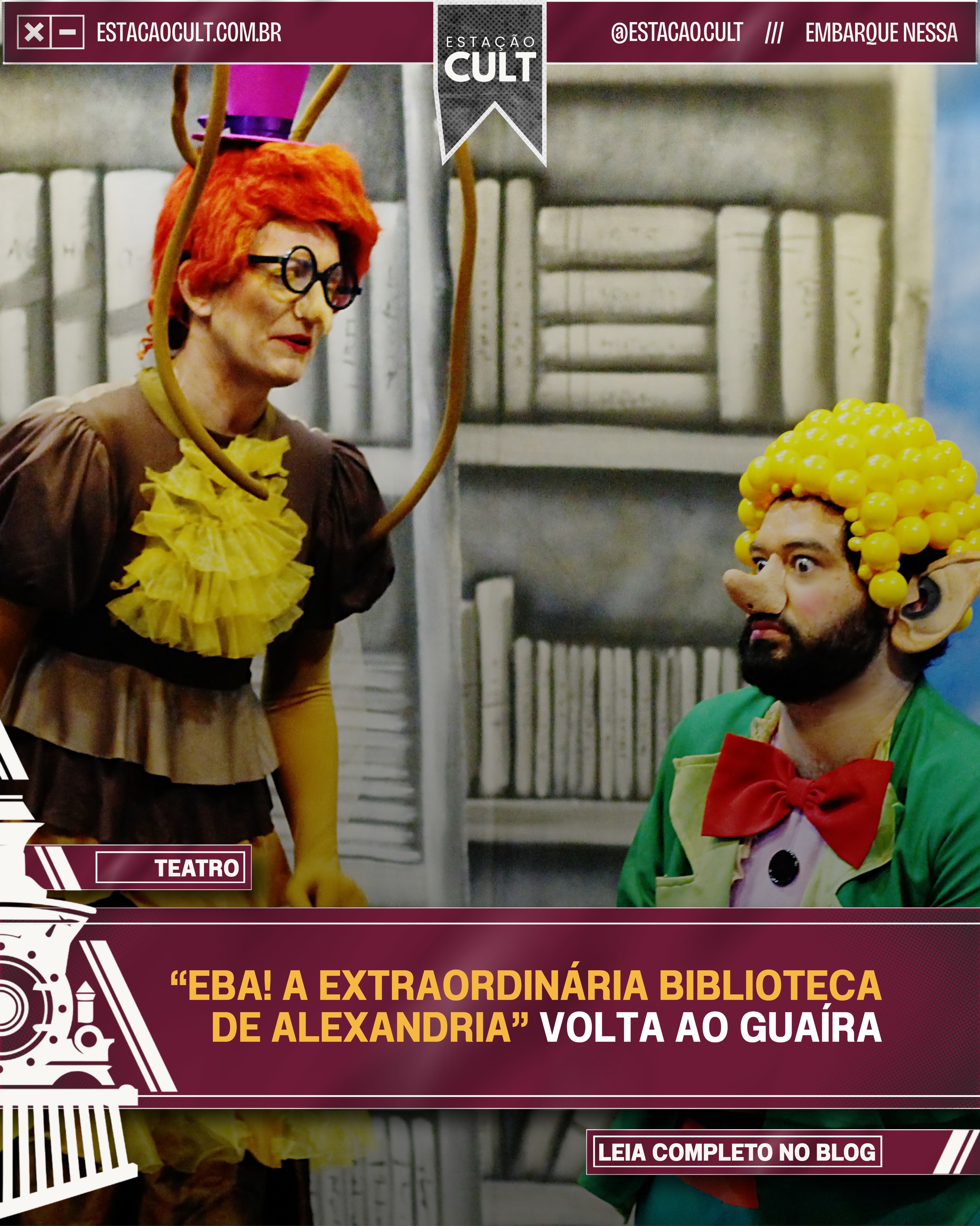 Uma aventura infantil para lembrar que os livros também podem ser portal, abrigo e brincadeira. 📚✨
Depois de uma temporada de sucesso no Festival de Curitiba, a Alameda Cia Teatral retorna ao Mini Guaíra com “Eba! A extraordinária biblioteca de Alexandria”, em curta temporada de 13 a 21 de junho.
O espetáculo acompanha Nico, um duende perdido que passa a viver na Biblioteca de Alexandria com a missão de proteger os livros. No caminho, ele encontra Ritinha, uma ratinha apaixonada por literatura, e Doroteia, uma barata guardiã de histórias. Juntos, eles conduzem uma narrativa lúdica, divertida e poética sobre o poder da leitura. 🎭
Com humor, fantasia e personagens carismáticos, a montagem da Alameda Cia Teatral fala diretamente com crianças e famílias em um tempo em que despertar o encantamento pelos livros é quase um ato de resistência.
Você levaria uma criança para viver essa aventura literária no teatro?
Siga o Estação Cult para descobrir mais peças, eventos e programas culturais para toda a família. Leia a matéria completa no blog Estação Cult.
#estacaocult #teatroinfantil #miniguaira #curitiba #literaturainfantil
