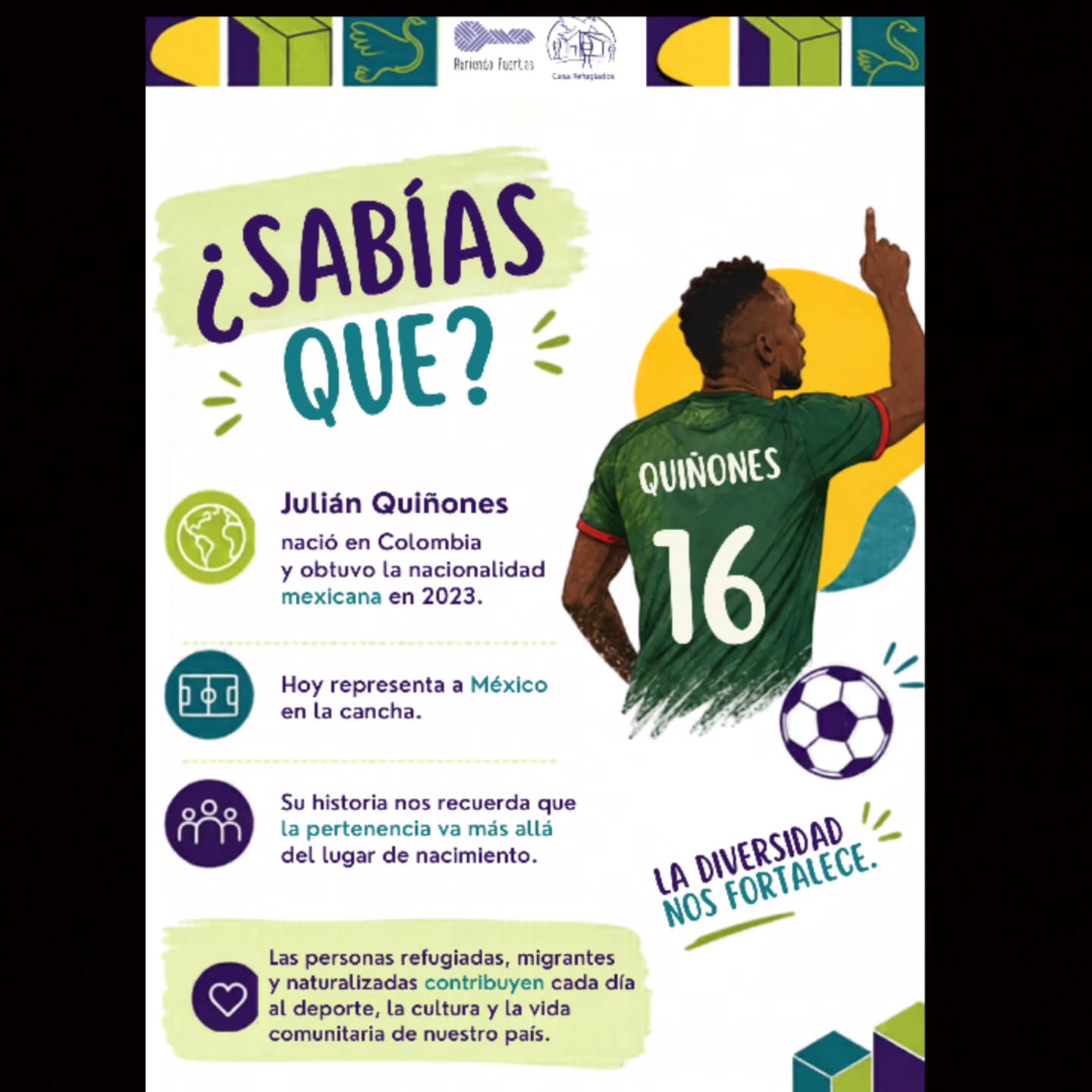 ⚽ De Colombia a representar a México.
La historia de Julián Quiñones nos recuerda que la pertenencia va más allá del lugar de nacimiento.
Las personas en movilidad humana también construyen comunidad, comparten talentos y enriquecen los espacios que habitan.
💜 La diversidad nos fortalece.
#LaDiversidadNosFortalece #MovilidadHumana #Inclusión #Comunidad #AbriendoPuertas