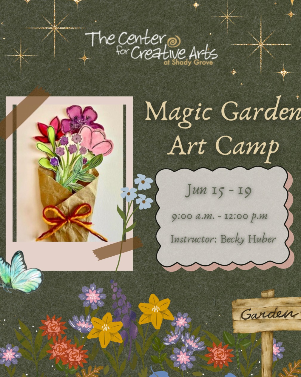 This week at The Center: Magic Garden Art Camp! Step into a world of wonder as we create our own Magic Garden Art. Young artists will explore a variety of whimsical projects including water color bouquets, fluttering dragon flies, humming bird sun catchers, and charming garden houses. This camp is designed for artists who love nature, sparkle and creative adventures.