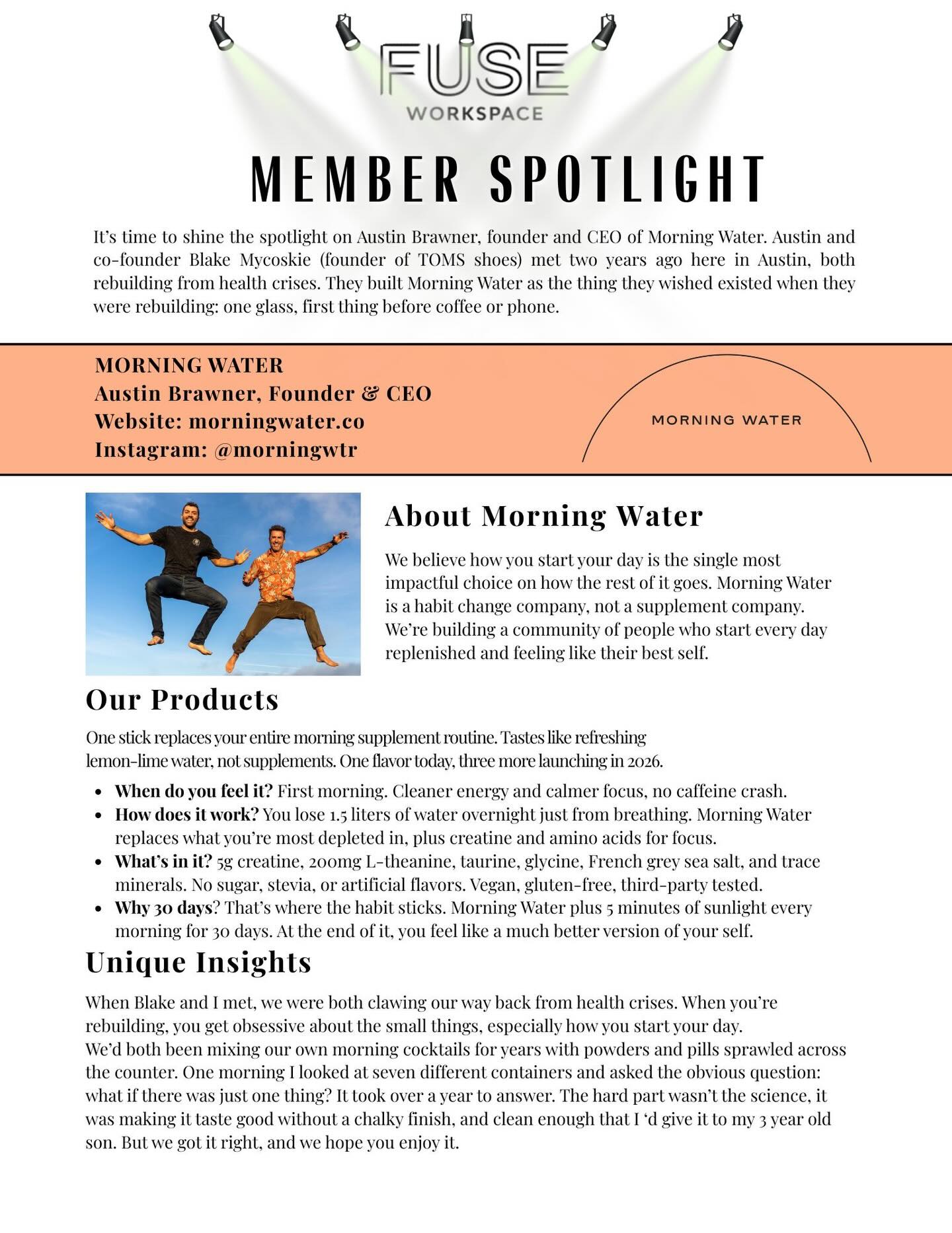 Our member spotlight this month for FUSE Workspace Dripping Springs is Austin Brawner, founder and CEO of Morning Water!!