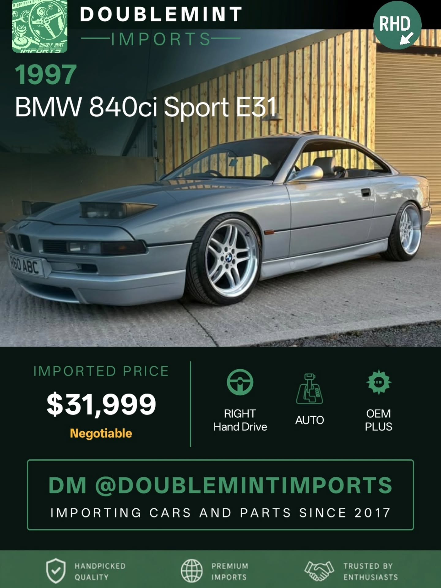 Now available:
1997 BMW 840ci sport E31
📍 Mileage: 165,000
Hello
Welcome to the advert for my 1997 bmw e31 840ci sport
-4.4 petrol v8 (m62b44)
-Automatic
-165k miles (will go up the cars used a lot especially on nice days and for shows)
-full history with the car and 2 keys
-mot September 2026
1000s of pounds spent on the car in the past 2 years, loads of work has been done in my ownership
Tastefully modified
-Mts texhnik coilovers
-19" m parallel wheels with Nankangs
- strut brace
- k and n filter
-custom exhaust (sounds fruity and loud) proper v8 sound
-Alcantara steering wheel and freshly done headlining
-dove grey sport interior
-blue painted calipers
-drilled and grooved brakes all round
-coilovers socks
-blaupunkt bt retro radio
-3d printed cup holders
Loads of mods
The amount of attention this car gets is ridiculous, proper head turner rare car
Based in Edinburgh
There's a lot to list about the car which I can't fit all here
Message me for more info
💰 Shipped Price (UK → NY): $31,999
✅ Includes ALL fees:
• USD conversion
• Shipping
• US Customs
• UK taxes
• Admin fees
⚡ Inventory moves FAST. Serious buyers only.
🔎 Want to search your own cars? Link in bio.
📩 DM us for full details, walkaround videos, shipping info, and availability.
🌐 Visit: www.doublemintimports.com
"The car may be classic, but the journey is timeless."
#bmw #840ci #sport #e31 #hello