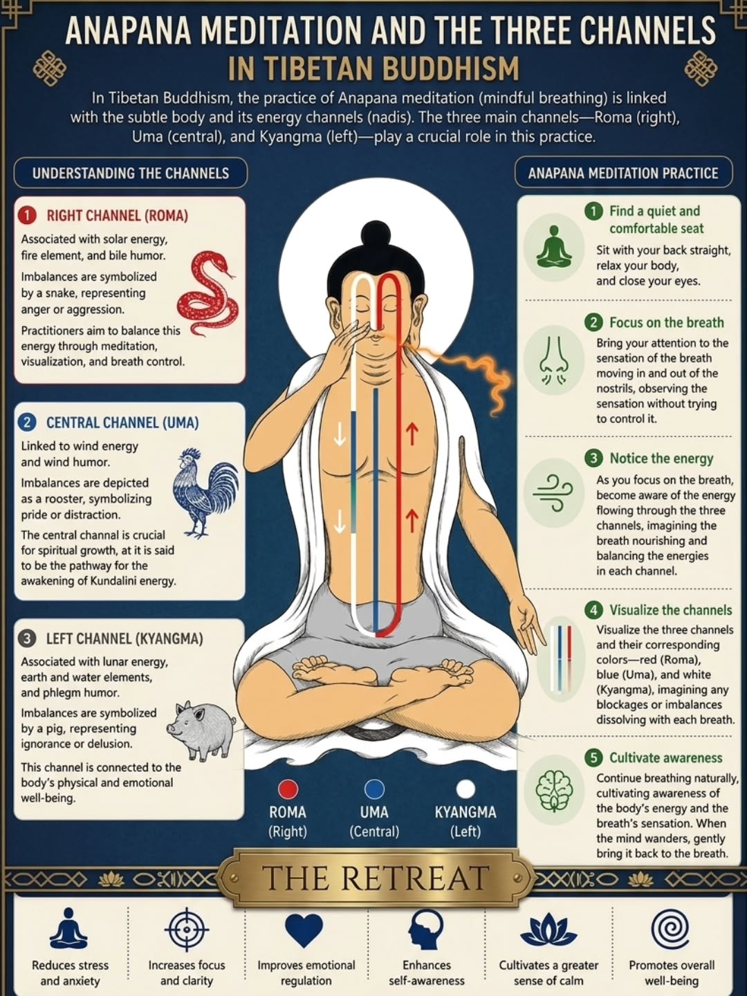 ANAPANA MEDITATION & THE THREE CHANNELS
The breath is always with you. The path is always open.
In Tibetan Buddhism, every breath moves through three sacred energy channels and mindful breathing balances them all:
🔴 Roma (Right) Solar energy · Fire · Anger transformed
🔵 Uma (Central) Wind energy · Pride dissolved · Path of awakening
⚪ Kyangma (Left) Lunar energy · Earth & Water · Ignorance released
There are 5 simple steps
Sit quietly, back straight, eyes closed
Focus on the breath at the nostrils
Notice energy flowing through the channels
Visualize red · blue · white light balancing within
When mind wanders let it gently return
Benefits of regular practice
Reduces stress & anxiety
Increases focus & clarity
Improves emotional regulation
Cultivates deep inner calm
You don't need anything special
Just your breath. Just this moment. Just now. If you'd like to learn any kind of meditation, or find the one that works best for you, The Retreat offers private and group lessons, with a teacher with over 30 years experience trained all around the world.
#Anapana #takecontrolofyourwellbeing #wellnessthatworks#wellbeingworkshops #meditationmasterclass
-