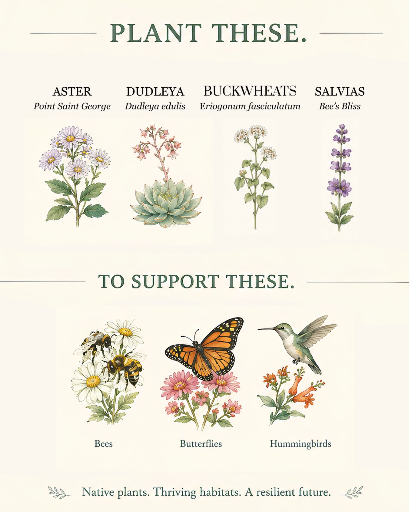 The plants you choose help shape the wildlife around you.
Native species like milkweed, buckwheat, salvia, dudleya, and asters provide essential food and habitat for monarch butterflies, hummingbirds, native bees, and songbirds.
Healthy gardens support healthy ecosystems.
Shop our Native Wildlife Bundle through the link in our bio, or visit our website to explore even more plants that support local wildlife.
#californianativeplants #nativegarden #pollinatorgarden #wildlifehabitat #moosacreeknursery