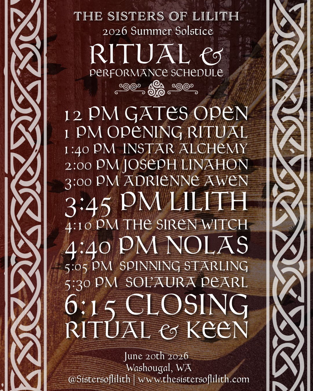 Ritual & Performance Schedule
Step into the space, connect with the energy, and experience the journey we’ve woven for you today. Here is where you need to be:
12:00 PM - Gates Open
1:00 PM - ✨ Opening Ritual
1:40 PM ⭐ Instar Alchemy @instar_alchemy
2:00 PM - 🍀 Joseph Linahon @linahonmusic
3:00 PM - 🌿 Adrienne Awen @adrienne.awen
3:45 PM - 🥀 Lilith @thelilithnoire
4:10 PM - 🧜♀️ The Siren Witch @the_siren_witch
4:40 PM - 👁️ Nolas @sparrow_of_gold
5:05 PM - 🦅 Spinning Starling @spinningstarling
5:30 PM - 💫 Sol’Aura Pearl @solaurapearl
6:15 PM - 🌙 Closing Ritual & Keen
Join us as we bring the day's energy to a powerful, collective peak and close the circle together. You won't want to miss this final release.
Share this post, tag your coven, and take a screenshot of the times so you don't miss a single moment!
