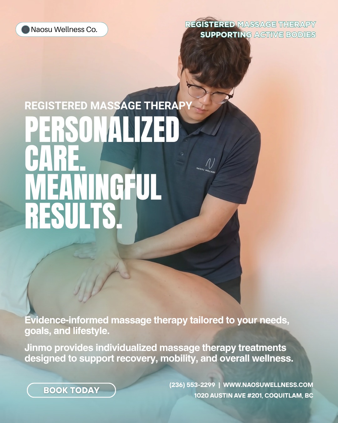 Personalized Care. Meaningful Results. 🌿
Meet Jinmo Ku, RMT.
Jinmo provides individualized massage therapy treatments designed to support mobility, recovery, and overall well-being. His treatment approach focuses on understanding each client's unique needs and creating personalized care plans that align with their goals and lifestyle.
Whether you're managing muscle tension, recovering from physical activity, addressing postural concerns, or simply prioritizing your health, Jinmo is committed to providing thoughtful and patient-centered care in a professional and supportive environment.
📅 Available:
• Wednesday
• Thursday
• Friday
• Sunday
📍 Naosu Wellness
1020 Austin Ave #201, Coquitlam, BC
📞 (236) 553-2299
🌐 naosuwellness.com
Book your massage therapy appointment today.
#NaosuWellness #RegisteredMassageTherapy #RMT #MassageTherapy #CoquitlamRMT #PersonalizedCare #MobilitySupport #SportsRecovery #MusculoskeletalHealth #WellnessCare #StressManagement #CoquitlamWellness #TriCitiesBC #DirectBilling #ICBCClaims