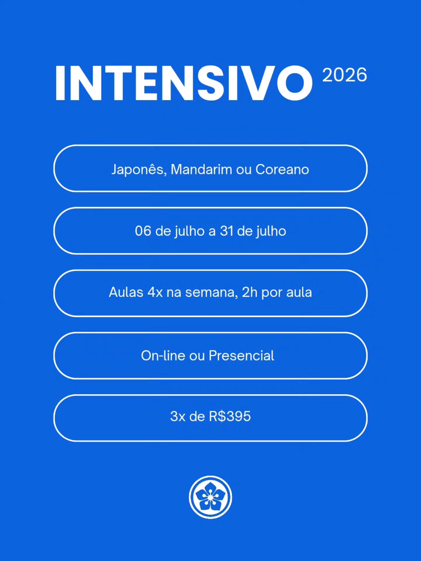 E se você pudesse falar o básico de japonês, coreano ou mandarim em apenas um mês? 🇯🇵🇰🇷🇨🇳✨
As vagas para os nossos Cursos Intensivos de Julho 2026 estão abertas!
Se o seu objetivo é acelerar o aprendizado, destravar a conversação e fazer uma verdadeira imersão cultural sem enrolação, o seu momento é agora. São semanas de foco total com professores experientes e uma metodologia direta ao ponto. 🚀🌸
🗓 De 06 de julho a 31 de julho
📚 Aulas 4x por semana
⏰ 2h por aula (8h por semana)
💸 Investimento: 3x R$ 395
✨️ Disponível nas modalidades presencial e on-line.
Você escolhe o idioma. A gente te entrega a imersão!
🔹Não mude de semestre sem investir no seu futuro. Acesse o link na nossa bio agora mesmo, escolha o seu idioma e garanta a sua vaga! 💙
#Intensivo #CursoIntensivo #IdiomaAsiático #CursodeLínguas #CentroÁsia