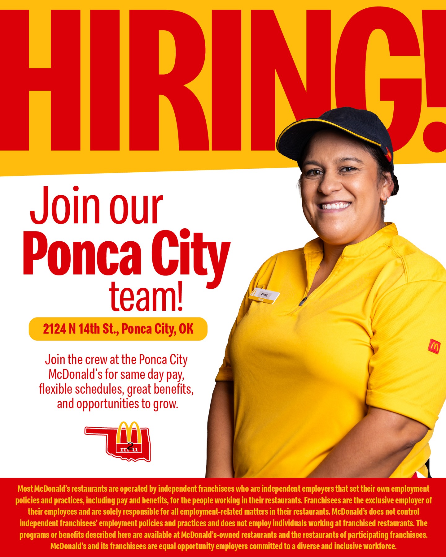 Ponca City, we’re hiring! 👋
Join the crew at our Ponca City McDonald’s and enjoy same day pay, flexible schedules, great benefits, FREE meals, and opportunities to grow with a team that supports you.
📍 2124 N 14th St., Ponca City, OK
Tap the link in bio to apply today!