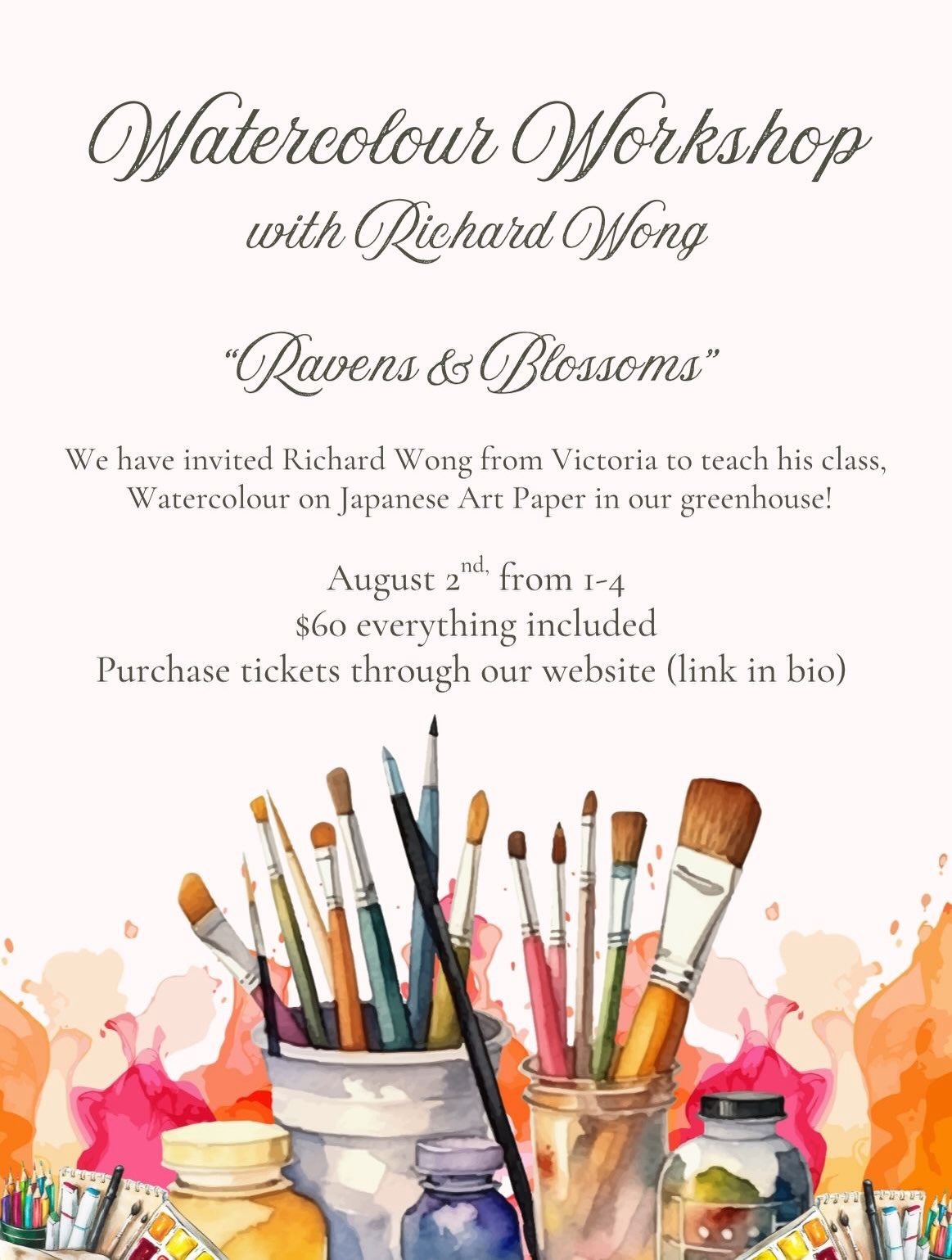 Join Artist Richard Wong in the greenhouse August 2nd and learn how to paint watercolour on Japanese art paper! Link in our bio to purchase tickets!