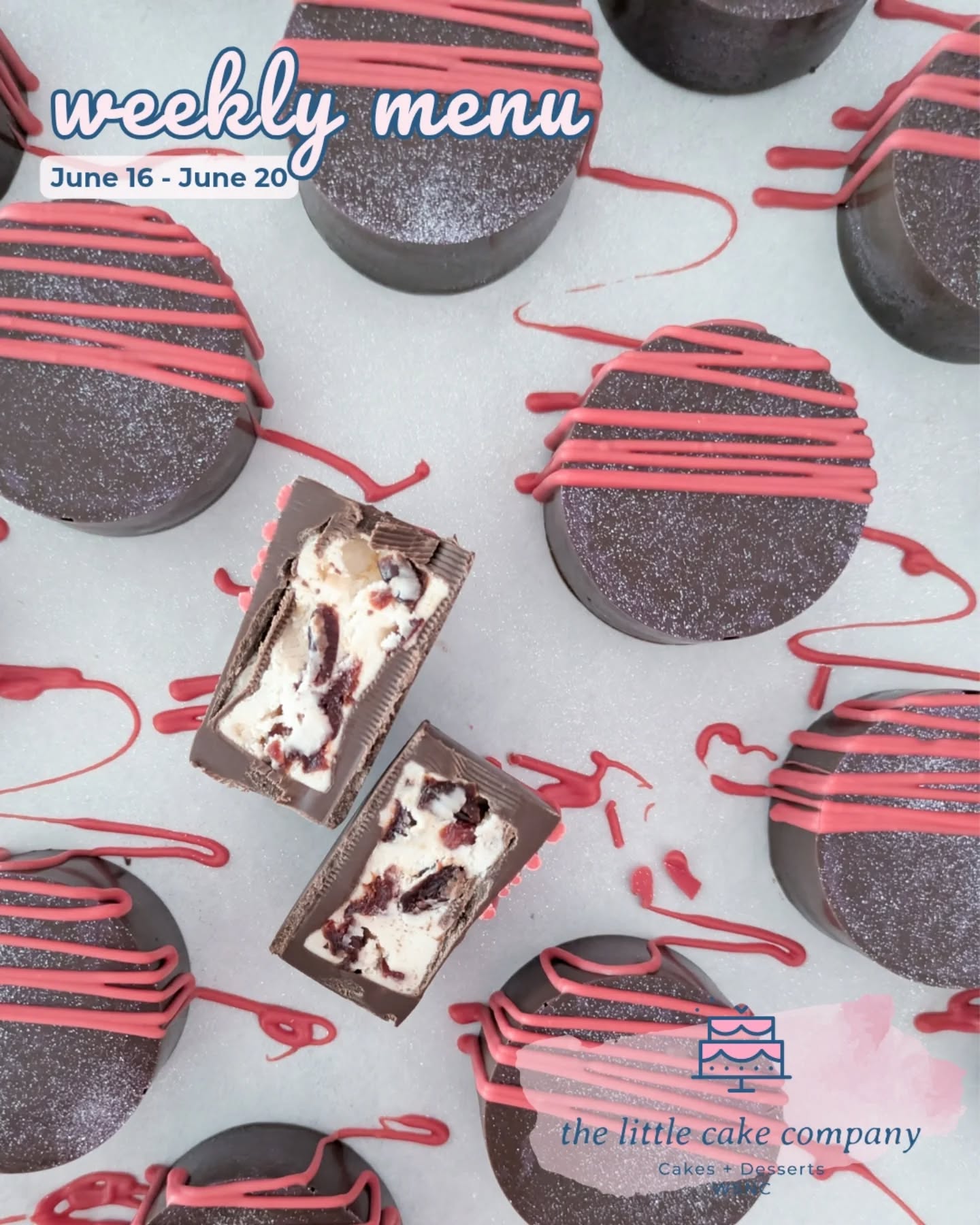 Happy Tuesday! We've got Chocolate Cherry Pucks (complete with edible silver glitter) this week to celebrate our @canes winning the Stanley Cup this weekend!! 🏒❤️ #LetsGoCanes