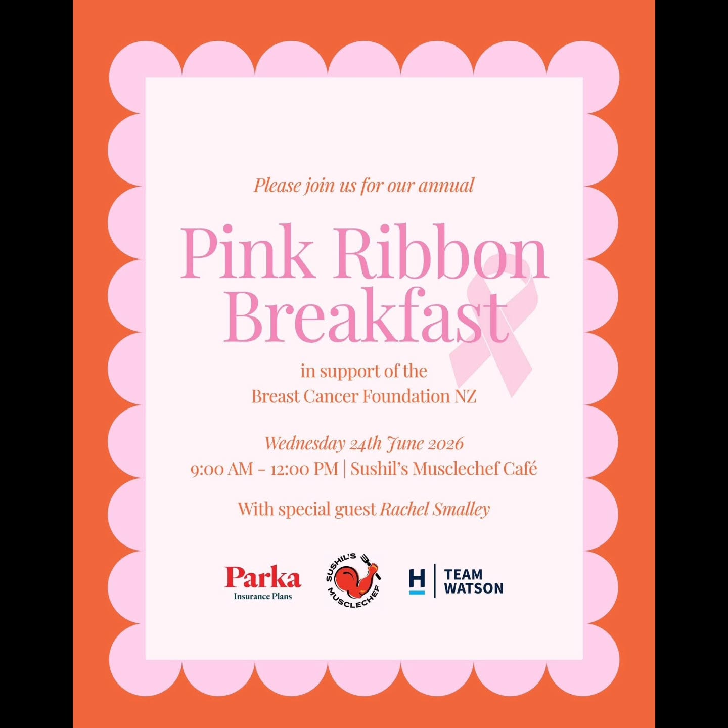 Kia ora lovely people, we are very excited and proud to partner with amazing local businesses, @parkainsurances @parkawithtina @adrianaharcourts @emmaokeeffe_realestate to host our annual @pinkribbonnz breakfast again this year at our restaurant on Wednesday, 24 June 💪🏽
All proceeds from the breakfast and 'on the day' raffles will go to the Breast Cancer NZ Foundation in our aim to create more awareness around breast cancer, fund education, research and patient support. Event details attached, we only have 5 spots left 💕
Ticket includes:
Bubbles on arrival, a delicious cooked breakfast with a hot drink, amazing guest speakers to provide us with a greater understanding of breast cancer with a Q&A session, spot prizes, raffles and a lot of fun!! 😋
Thank you for your support with this wonderful community initiative and a great cause, we are all in this together 🙏🏽
#fundraiser #pinkribbon #breakfast #breastcancernz #community