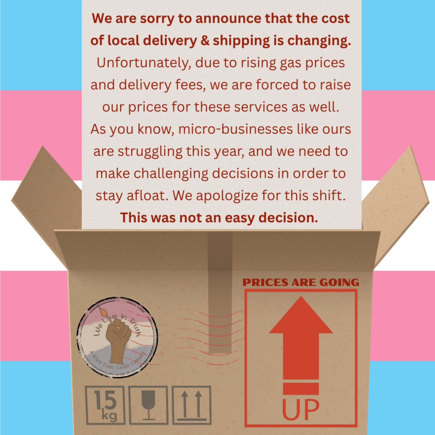 STARTING JULY 1ST SHIPPING PRICES WILL INCREASE!
We are sad to have to increase this due to cap!+a|ism, we have held out as long as we could.
Come check us out this weekend at AFRAM to get your candles before our change!