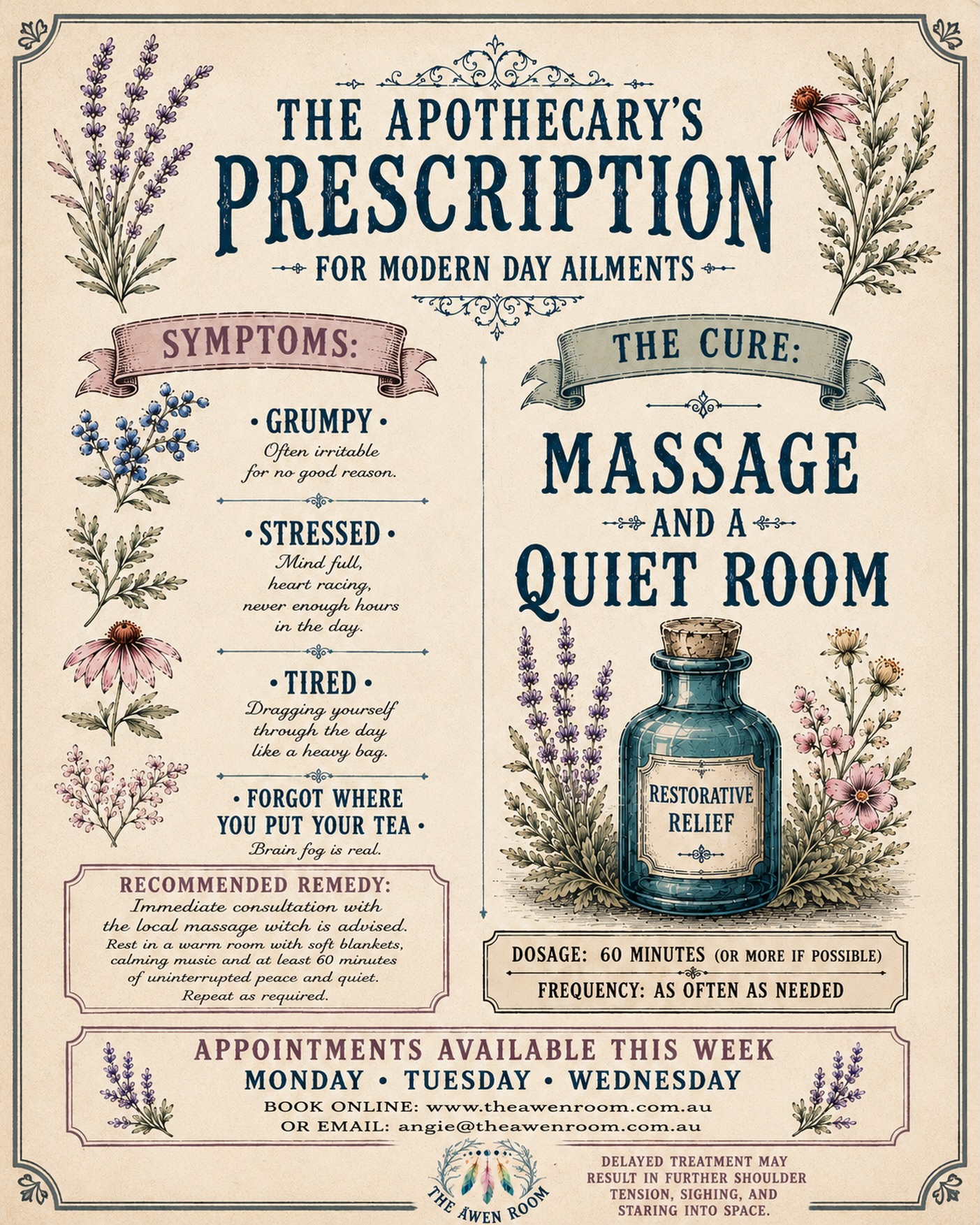 Who says sick days are only for colds and flu? 😉
Consider this your official prescription to visit The Awen Room within the next 3 days.
Appointments are available this week.
Book online at www.theawenroom.com.au
If you can’t see what you’re looking for, send me an email and I’ll see what I can find for you.
Angela xx
#massagewitch #leuramassage #theawenroom #massage #witchesofinsta