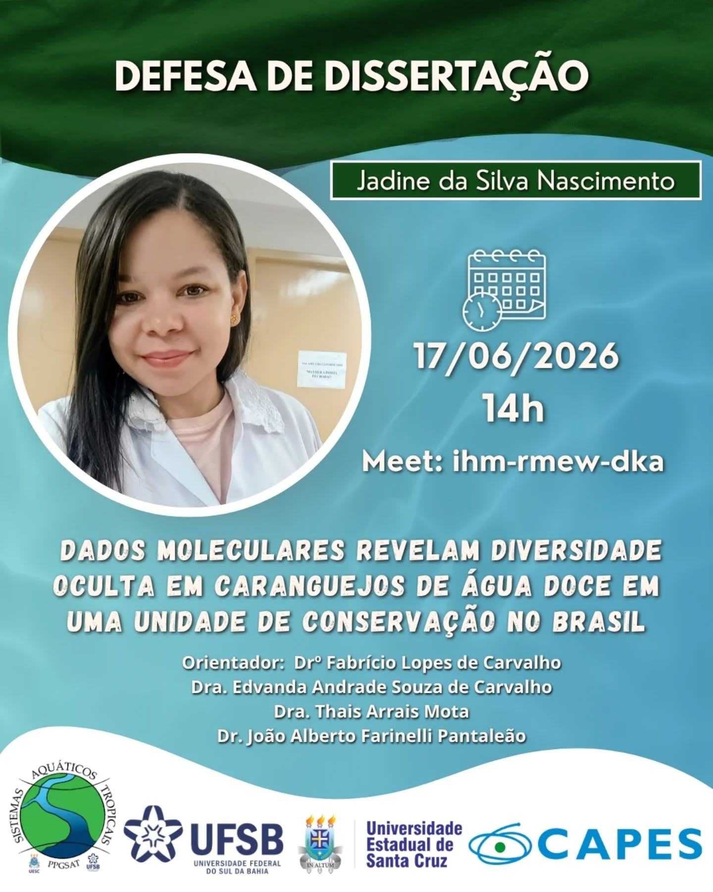 🎓✨ Defesa de Dissertação
O PPGSAT convida a todos para a defesa de dissertação de Jadine da Silva Nascimento, que abordará a temática:
🧬 “Dados moleculares revelam diversidade oculta em caranguejos de água doce em uma unidade de conservação no Brasil”
📅 17 de junho de 2026
⏰ 14h
💻 Transmissão via Google Meet
Uma pesquisa que contribui para o avanço do conhecimento sobre a biodiversidade e a conservação de espécies aquáticas no Brasil. 🌿🦀
Contamos com a sua participação!
#PPGSAT #DefesaDeDissertação #Biodiversidade #Ciência #Conservação Caranguejos BiologiaAquática