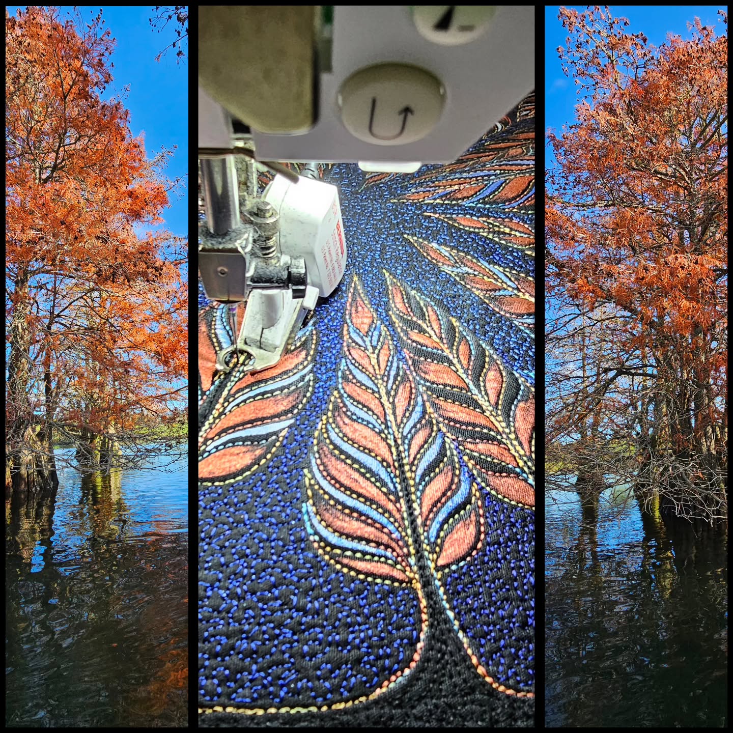 Inspiration doesn't mean an exact replica or copy. The colour of these stunning Autumn trees against a blue sky day, at McLarens Falls, provided the inspiration for the colour of this little sample piece. It has become a small art quilt in its own right.
Hand painted, free motion stitching /quilting
#artquilting #autumncolours #photosoftheday #contemporarytextileart #contemporarystitch
