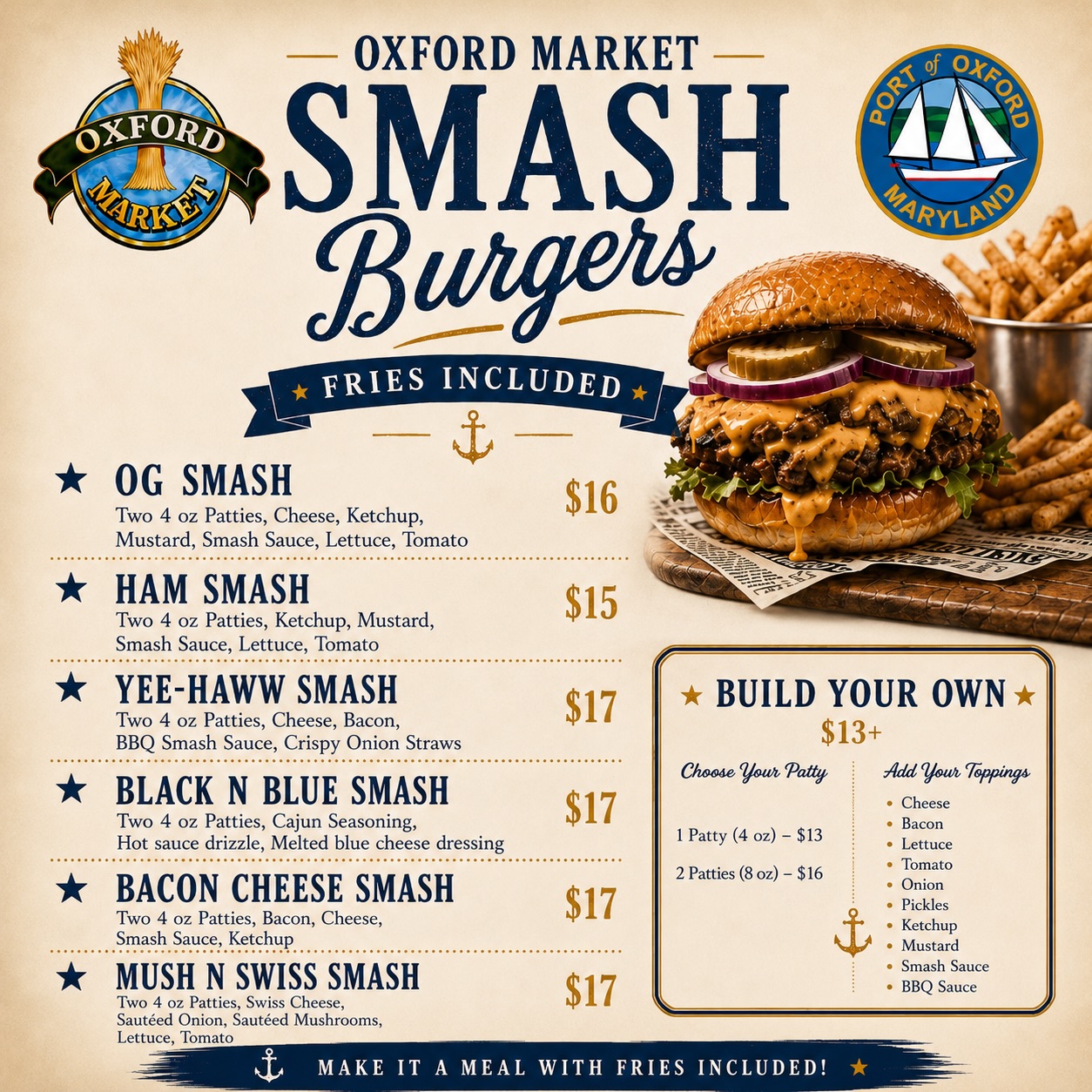 🍔Smash Burger Night🍔
Come on down to the market for smash burger and fries! Seating is available outside the Oxford Market and there are picnic table in the park! There is a great breeze coming through the park today!
#oxfordmaryland #oxford #smashburgers #easternshore