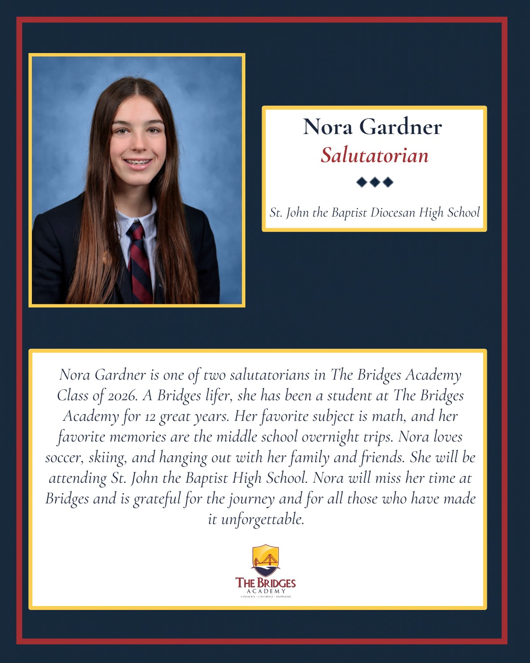 Congratulations to one of two salutatorians for the Class of 2026, Nora Gardner!
#thebridgesacademy #thebridgesacademyclassof2026 #classof2026