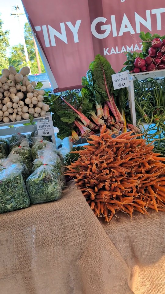 Summer time market spread! Carrots and chard and scapes are here!!