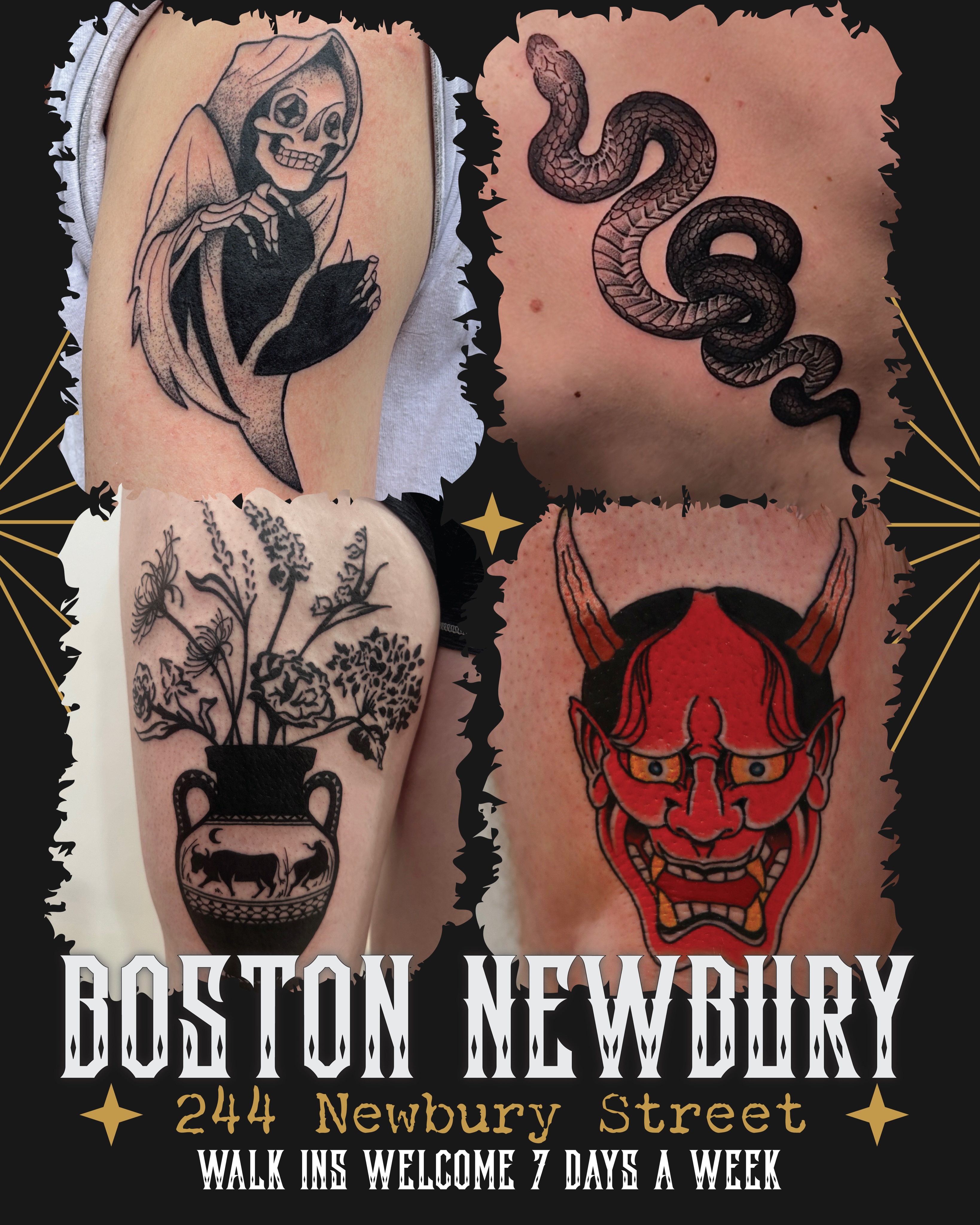 Check out these recent bangers from the resident artists at our Boston Tattoo Shop on Newbury Street! 🌟
.
Featured in this post:
Eddie @edwardxtattoos
Sebastian @segarciaa
Lily @lily_jarnryd
JC @jota.ce_tattoo
Gene @big_gene420
Abel @abel.tattooart
.
Our artists have availability to tattoo you this weekend!! We’re open 12-8pm Mondays-Saturdays and 12-5pm on Sundays. Stop by the shop to chat with an artist and inquire about our daily walk-in availability!
.
#bostontattoo #newburystreet #tattooart #finelinetattoo #tattoosleeve