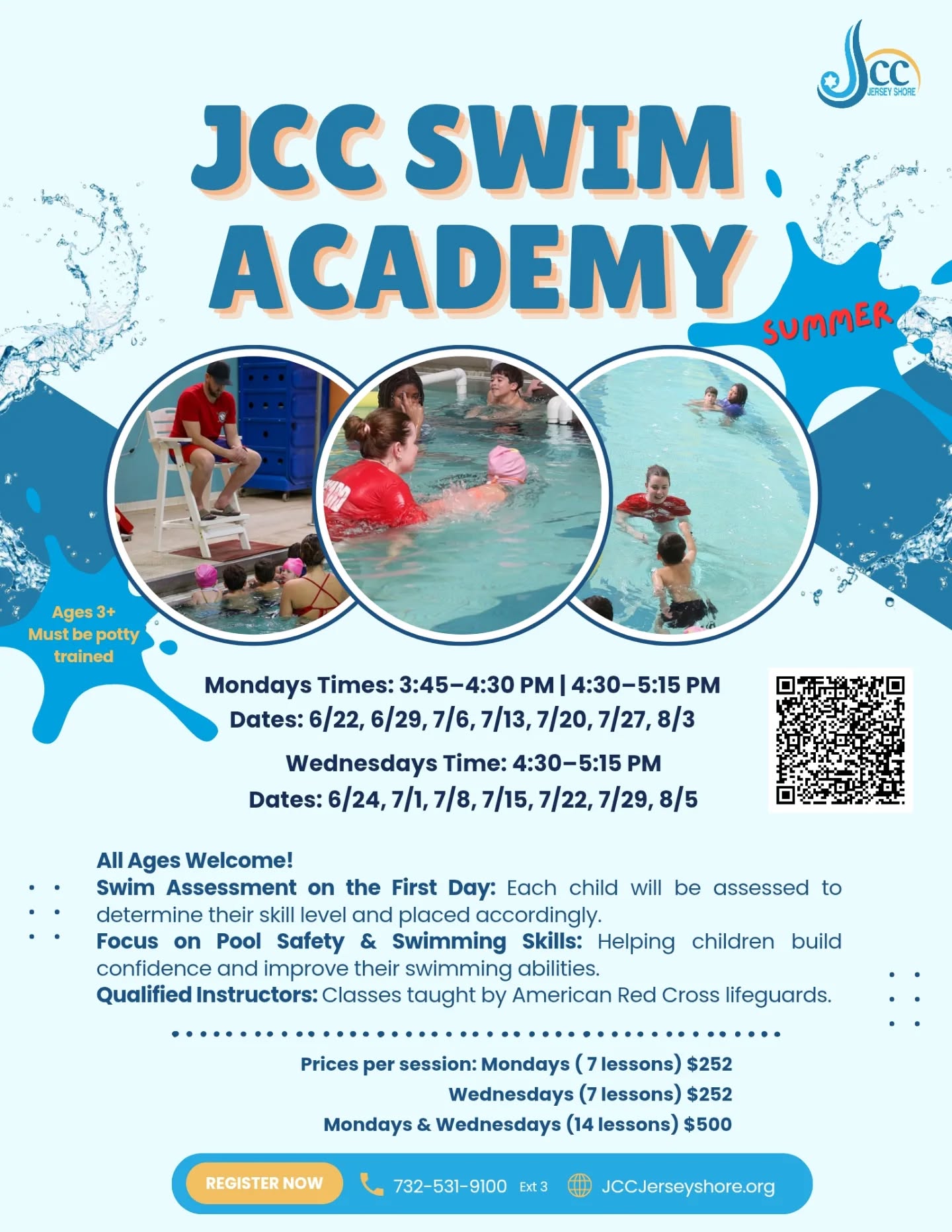 Summer is almost here, and that means more time at the pool, the beach, and around the water.
One of the most important skills a child can learn is how to swim. Swimming not only builds confidence and coordination, it teaches essential water safety skills that can help keep children safe all summer long.
Our Summer Swim Academy begins next week at the JCC Jersey Shore. Whether your child is just getting comfortable in the water or looking to improve their skills, our experienced instructors create a fun, supportive environment for every swimmer.
Give your child the confidence to enjoy the water safely this summer.
For information and registration:
📞 732-531-9100 ext. 3
🌐 JCCJerseyShore.org/swim