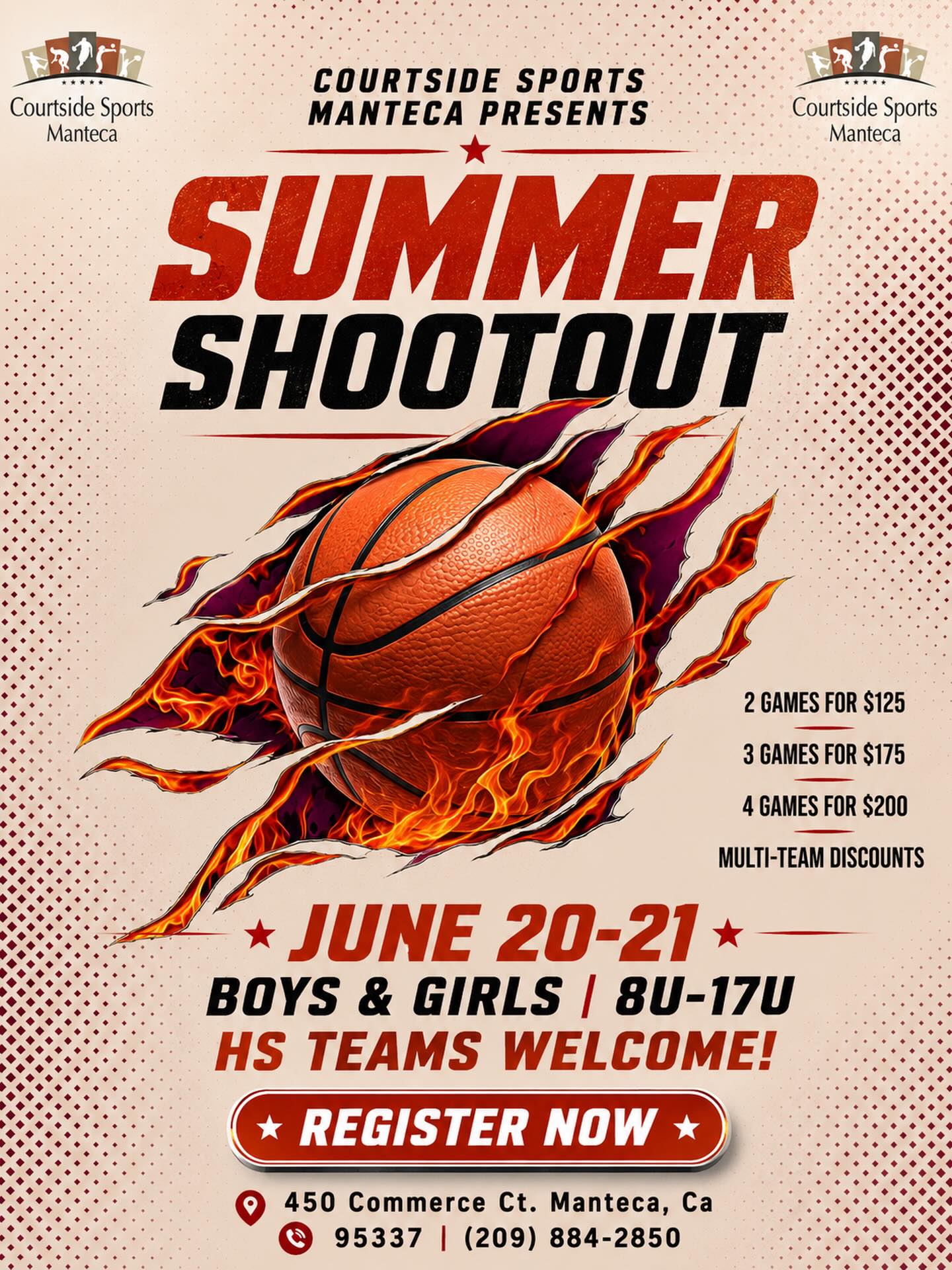 Courtside Sports Manteca presents The 2026 Summer Shootout! June 20th-21st. Boys & Girls. 8u-17u. HS Teams Welcome! Link in bio. Teams already committed @manteca_aviators @slamnjammodesto @hits.academy @teamclutchcrew @oakdalestangsbasketball screaming eagles Lodi streetballers