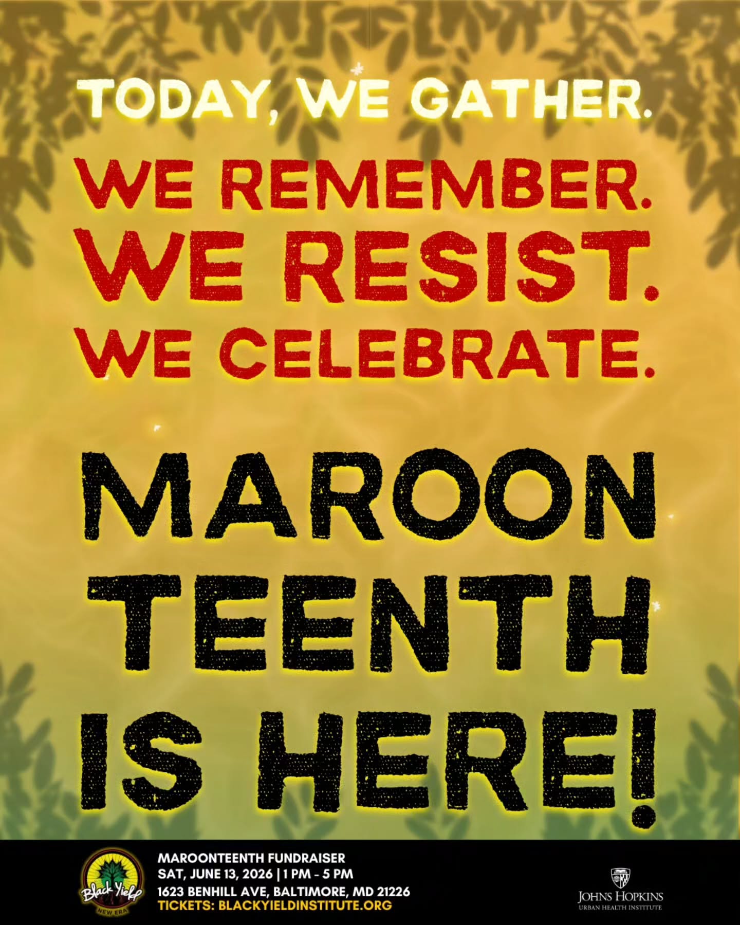 TODAY IS THE DAY! Maroonteenth: The Making Of Liberation — Maroons, Medicine & Me!
🎞 'Quilombo' Film Screening | $15 | 1 PM
🎙 Political Education Lecture | $15 | 3:30 PM
🍵 Tea Blend Workshop | $15 | 4 PM
🎟 All Day Pass (All Sessions) | $35
📅 June 13, 2026 | 1:00 PM – 5 PM
📍 Black Yield Institute | 1623 Benhill Ave, Baltimore, MD
Tickets: linktr.ee/blackyield
#Maroonteenth #MakingOfLiberation #BlackYieldInstitute #MaroonHistory #Baltimore